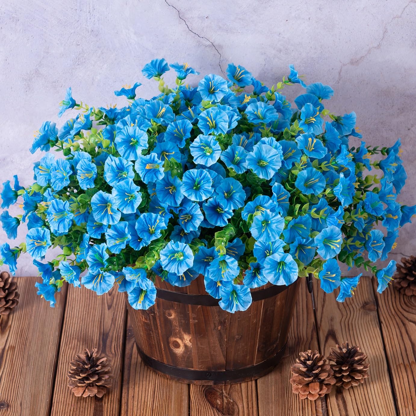 Artificial Fake Outdoor Plants Flowers for Summer Decoration, 12 Bundles Silk Blue Morning Glory Eucalyptus Realistic UV Resistant Faux Flowers for Outside Planter Front Door Porch Garden Yard Patio