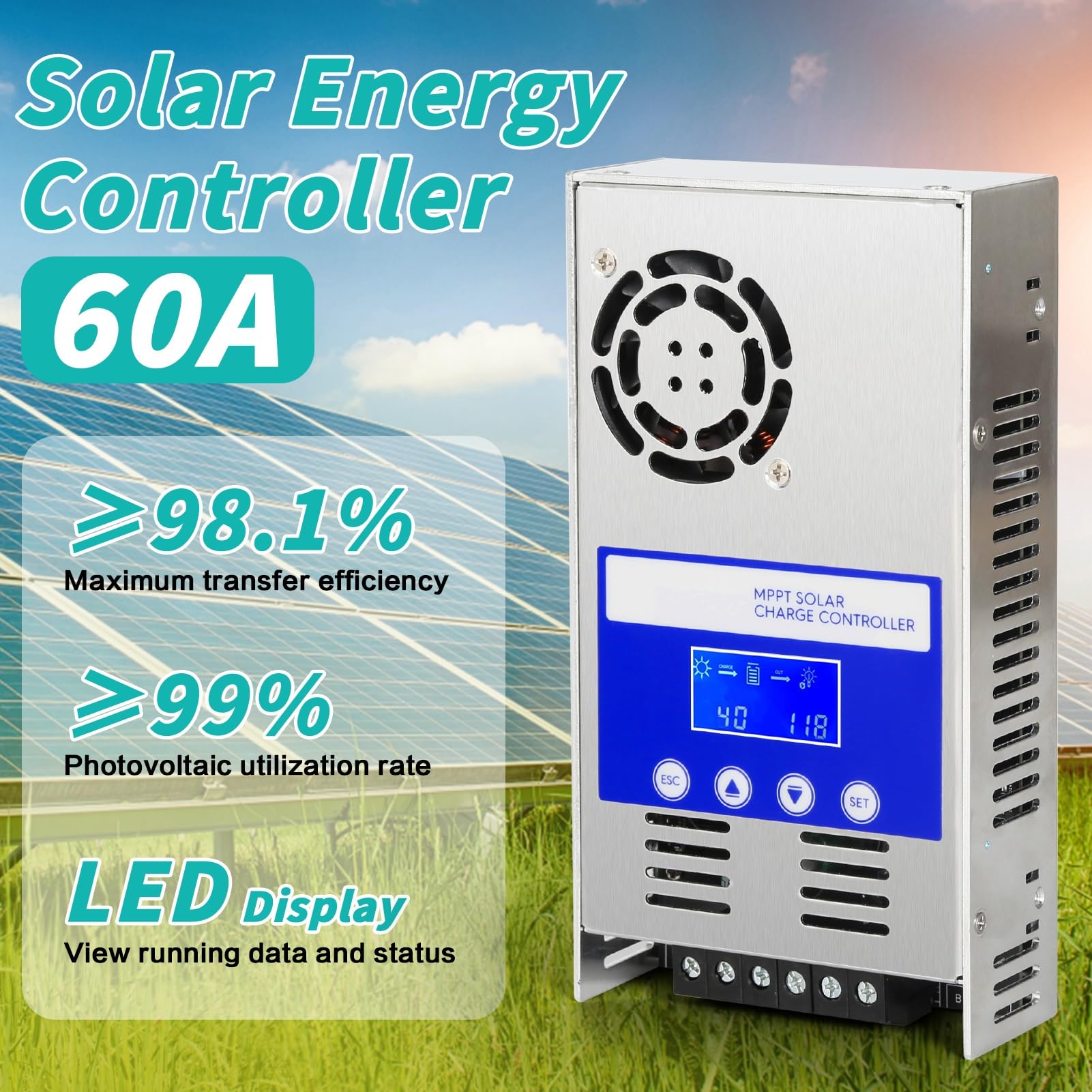 Jadeshay Regulateur de Charge Solaire MPPT 60A Controleur de Charge Solaire Batterie 12V/24V/36V/48V Détection Automatique Contrôleur de Panneau Solaire Photovoltaïque avec Rétroéclairage LCD