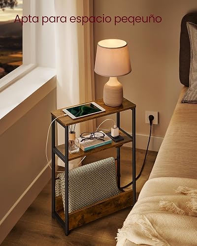 VASAGLE Small Side Table with Charging Function, Small Coffee Table, 3 Shelves, Magazine Holder, for Living Room, Bedroom, Study, Vintage Brown Ink Black LET335K02 - 3