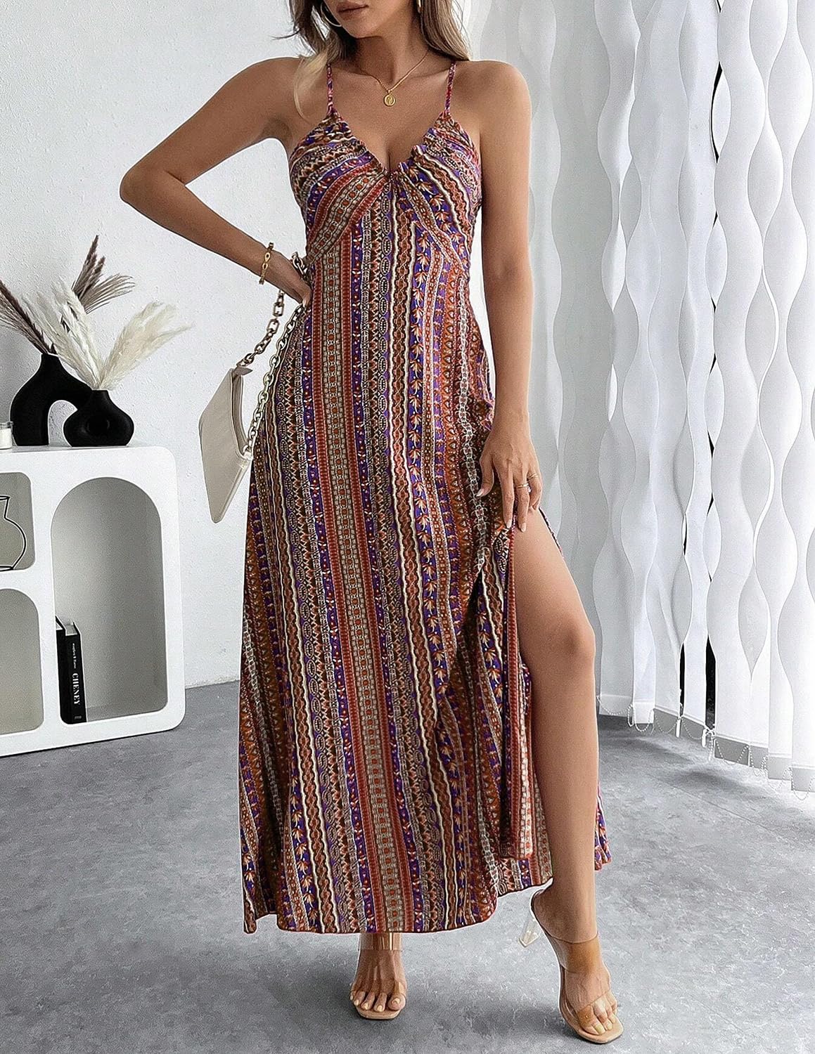 Femme Robe Style Ethnique sans Manches Col en V Eté Bohème Plage Robes Elégante Longue Décontractée Taille Haute Ourlet Robe à Fourche