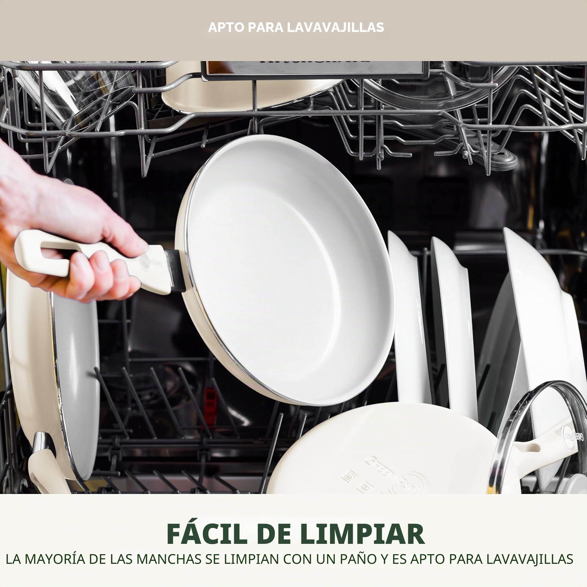 Greenpan Dover - Juego de sartenes antiadherentes de cerámica saludable, de 8 y 10 pulgadas, sin PFAS, aptas para lavavajillas, mango de agarre cómodo, color blanco crema
