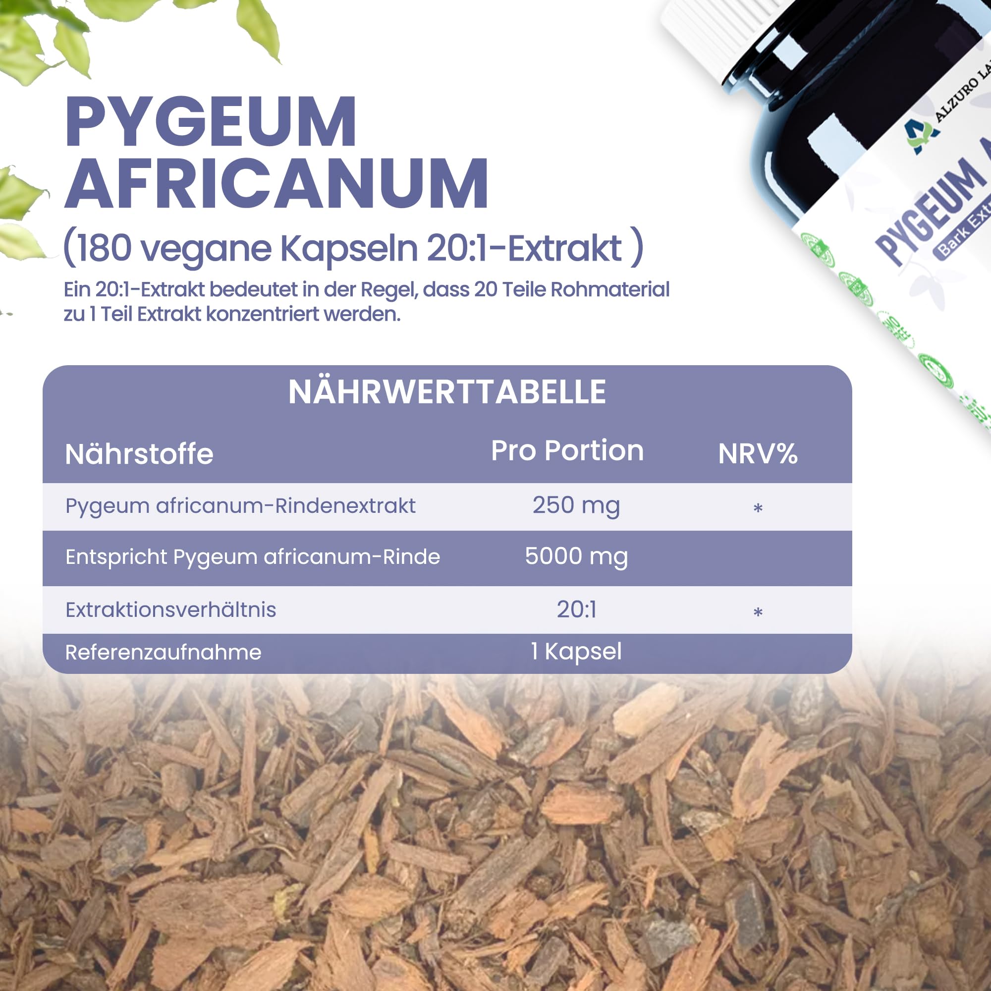 Pygeum africanum 5.000 mg equiv. | Alto dosaggio estratto corteccia 20:1 250 mg (13% fitosteroli) | 180 capsule vegane | Benessere maschile quotidiano | GMP e testato da laboratorio terzo