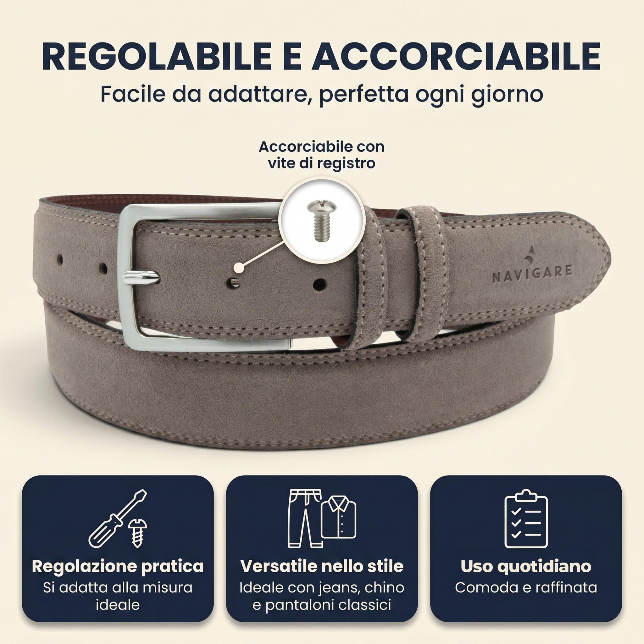 Navigare Eleganter Herrengürtel aus Wildleder, hergestellt in Italien, echtes Leder mit satinierter Dornschnalle, verstellbar und kürzbar