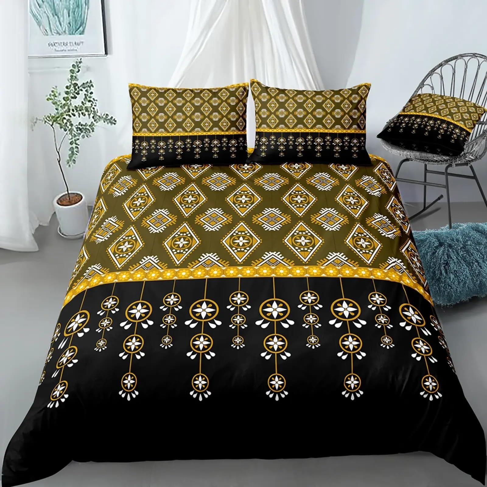 Parure de lit de luxe noire et dorée géométrique 3D pour chambre élégante