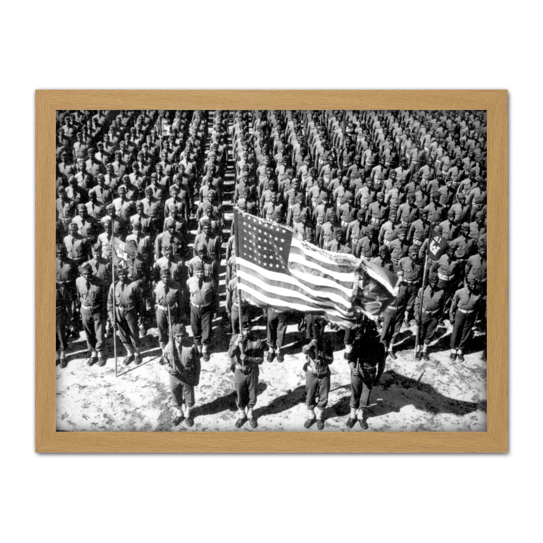 War WWII USA African American Soldiers Parade Photo Artwork Framed Wall Art Print 18X24 Inch