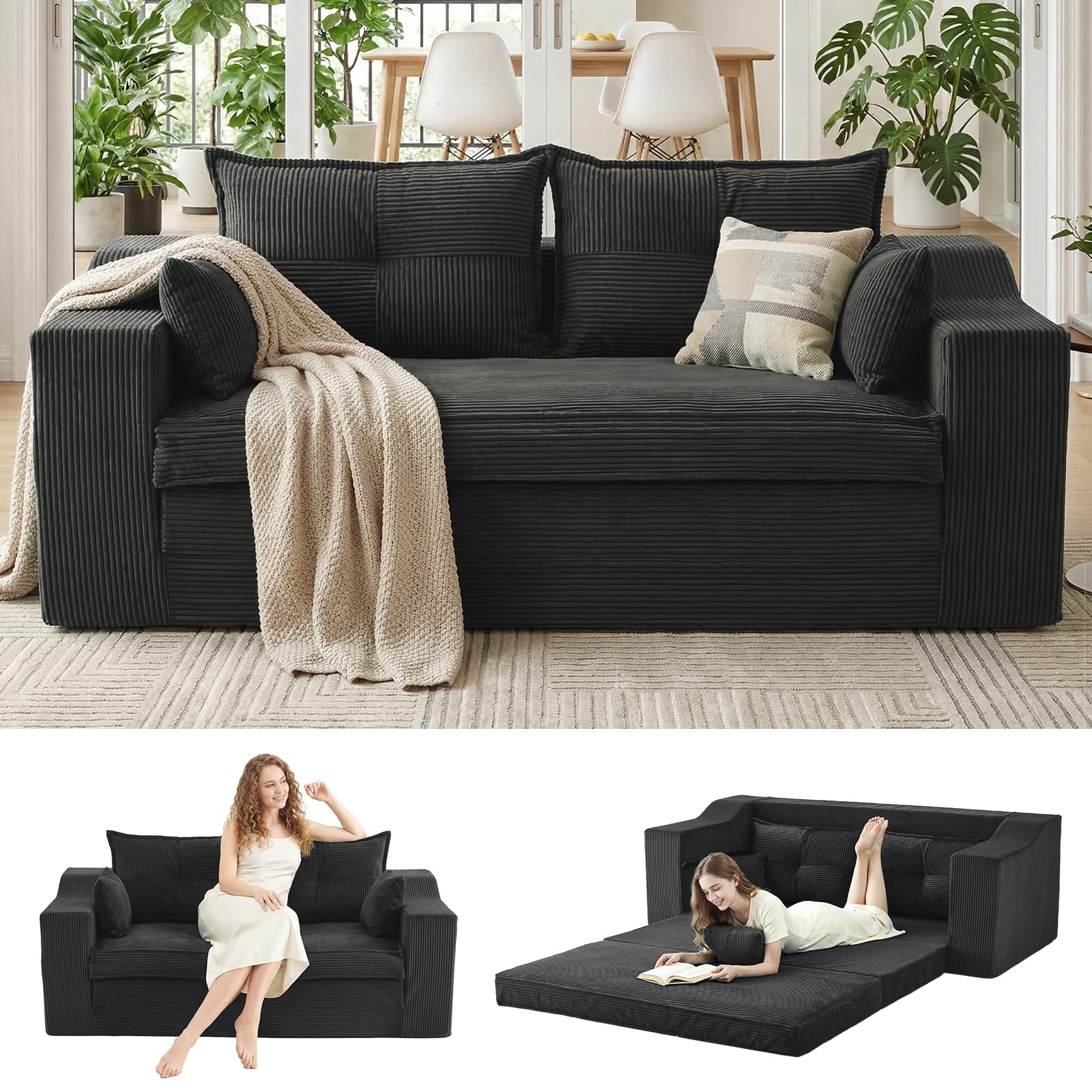 APICIZON Sofá Cama, sofá 2-en-1 sin Estructura, sofá de Suelo con Cojines, sofá de 3 plazas Convertible con función Cama, colchón Plegable (Pana - Gris Oscuro, Ancho 177 cm)