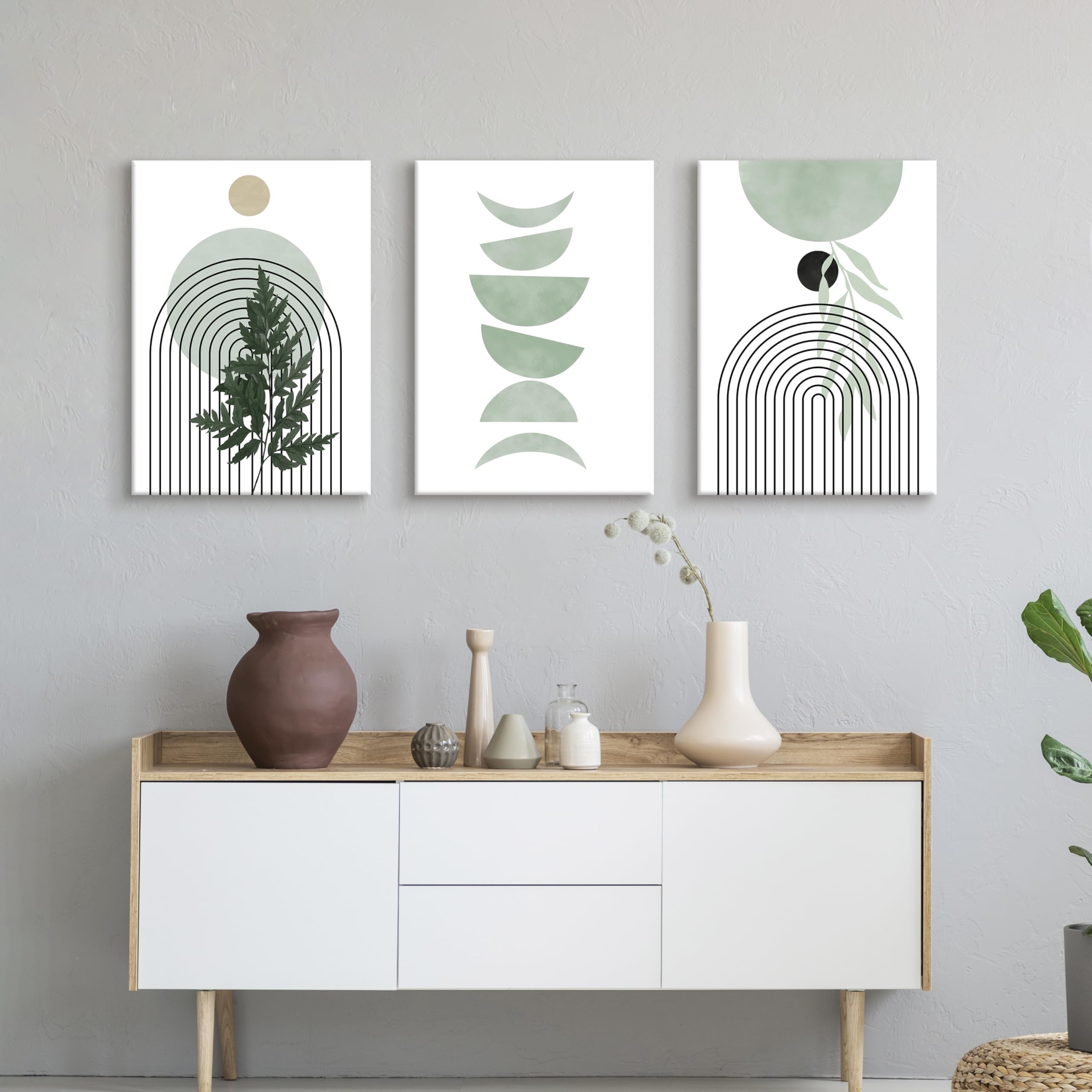 3 Pcs Wooden Framed Canvas Wall Art Set Bohemian Sage Green Canvas Prints Poster Geometric Line Beige Green Pictures for Living Room Bedroom Dinning Room Hallway Stairs Wall Decor 30x40cm x3pcs — view 447