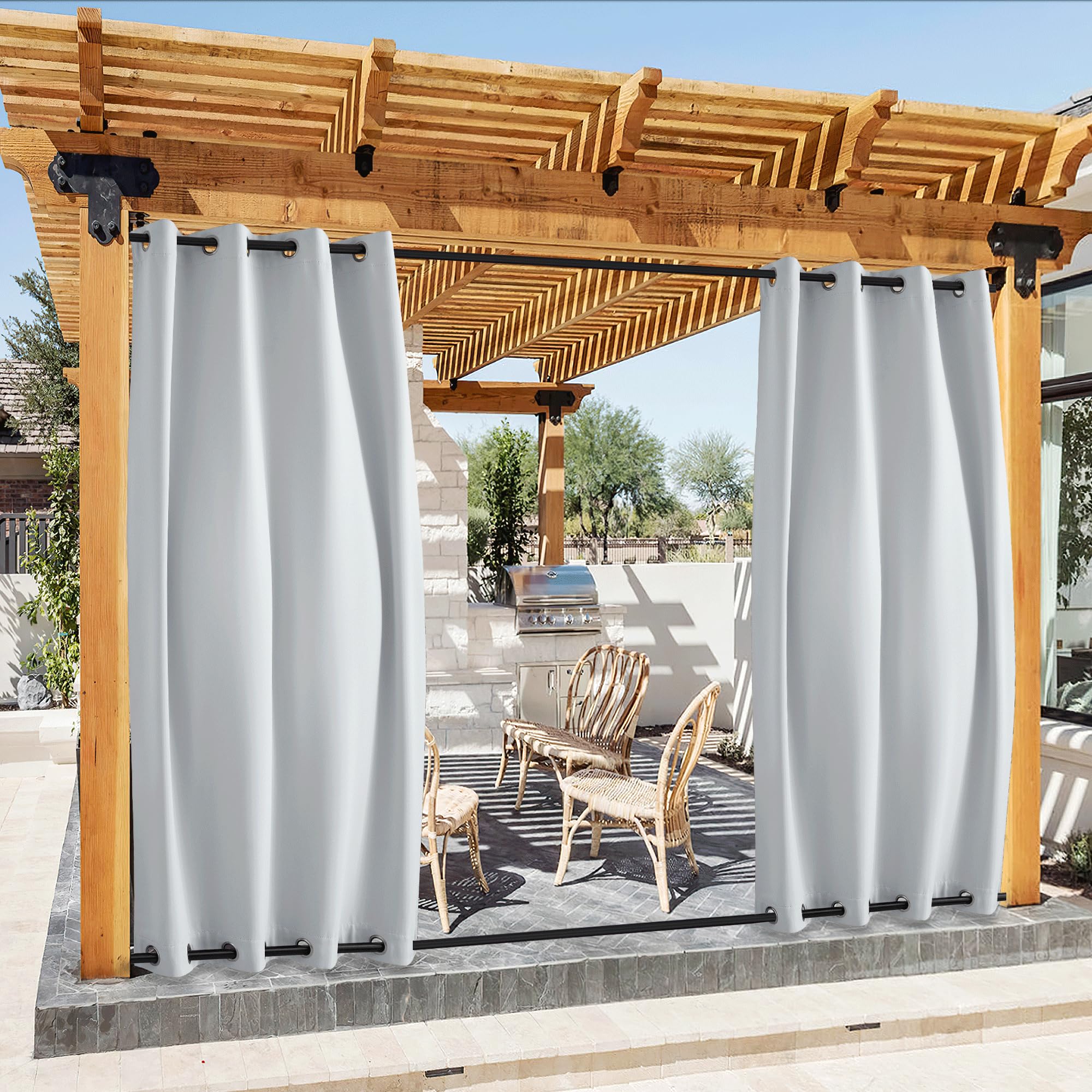 PONY DANCE Outdoorvorhang Wetterfest mit Ösen (Oben & Unten) 2er Set H 213 x B 132 cm Outdoor Vorhänge Wasserdicht Blickdichte Outdoor Gardinen für Pavillon & Terrasse, Grau-weiß