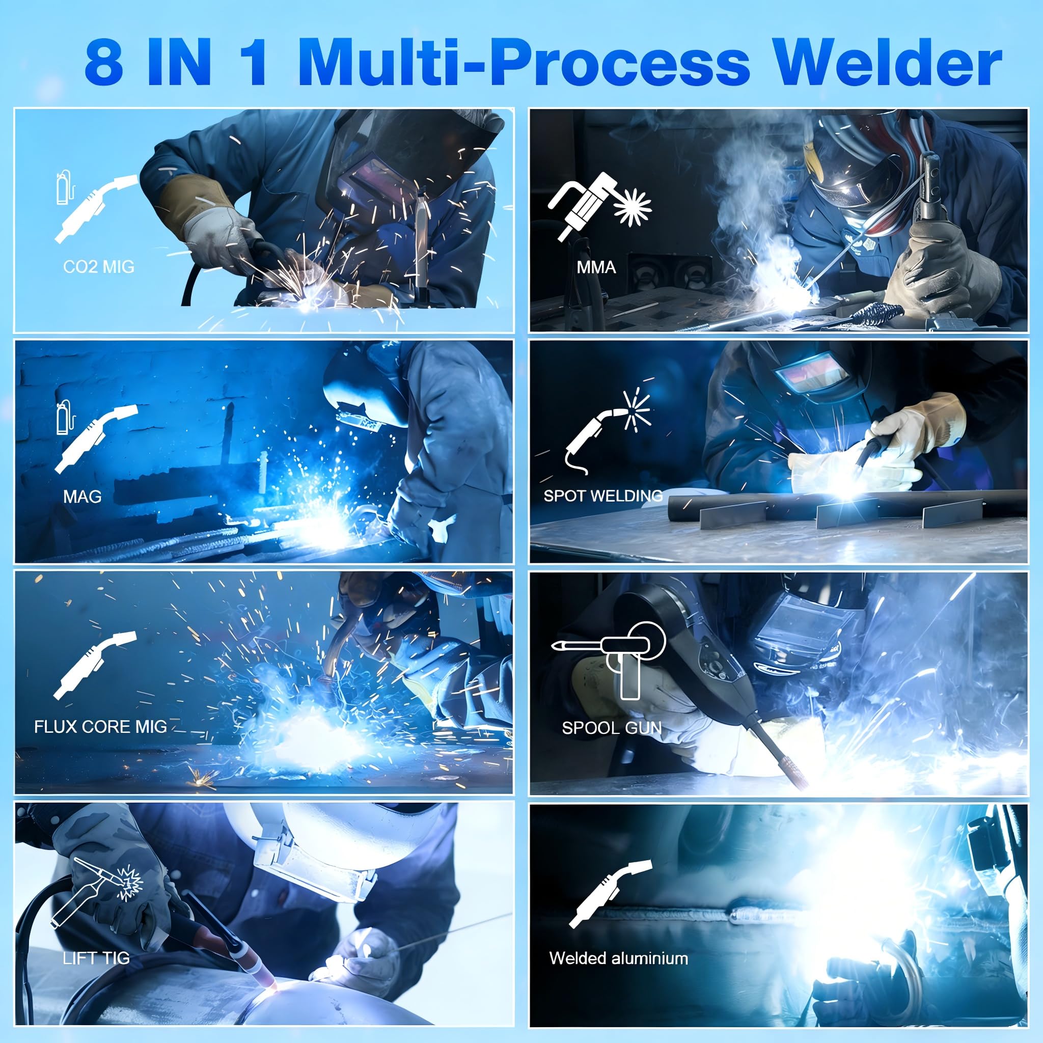 Reboot Wielofunkcyjne urządzenie spawalnicze 7 w 1 205 A MIG/MAG drut proszkowy bezgazowy MMA Lift-TIG w zestawie palnik TIG, spawanie punktowe, przygotowane pod aluminium, cyfrowy wyświetlacz IGBT