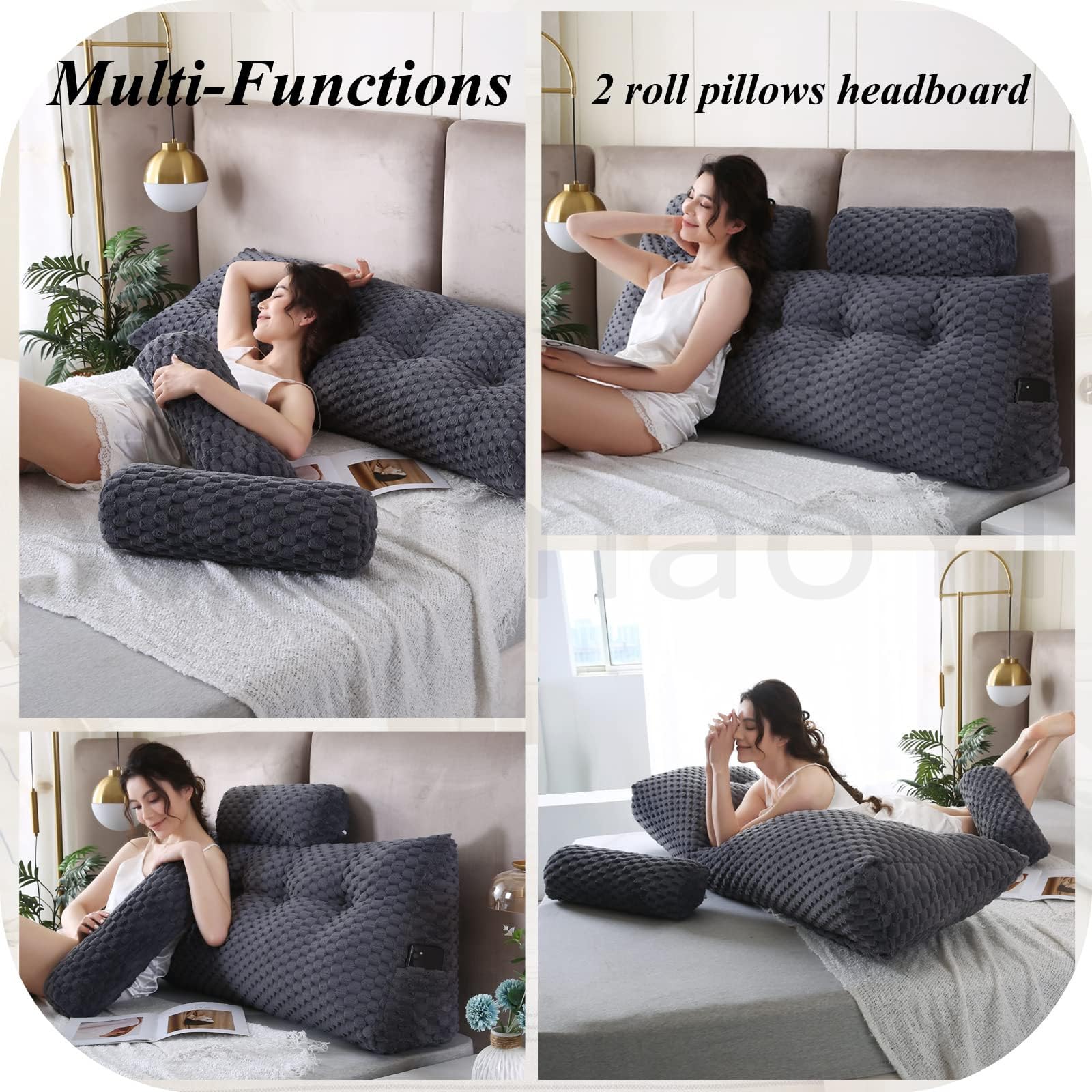 Genérico Respaldo Cama Cojines, Cojín en Cuña con Cojín Cervical Extraíble, Cojín de Lectura, Almohada Triangular para Lectura y Descanso en Cama,A-85x20x50cm