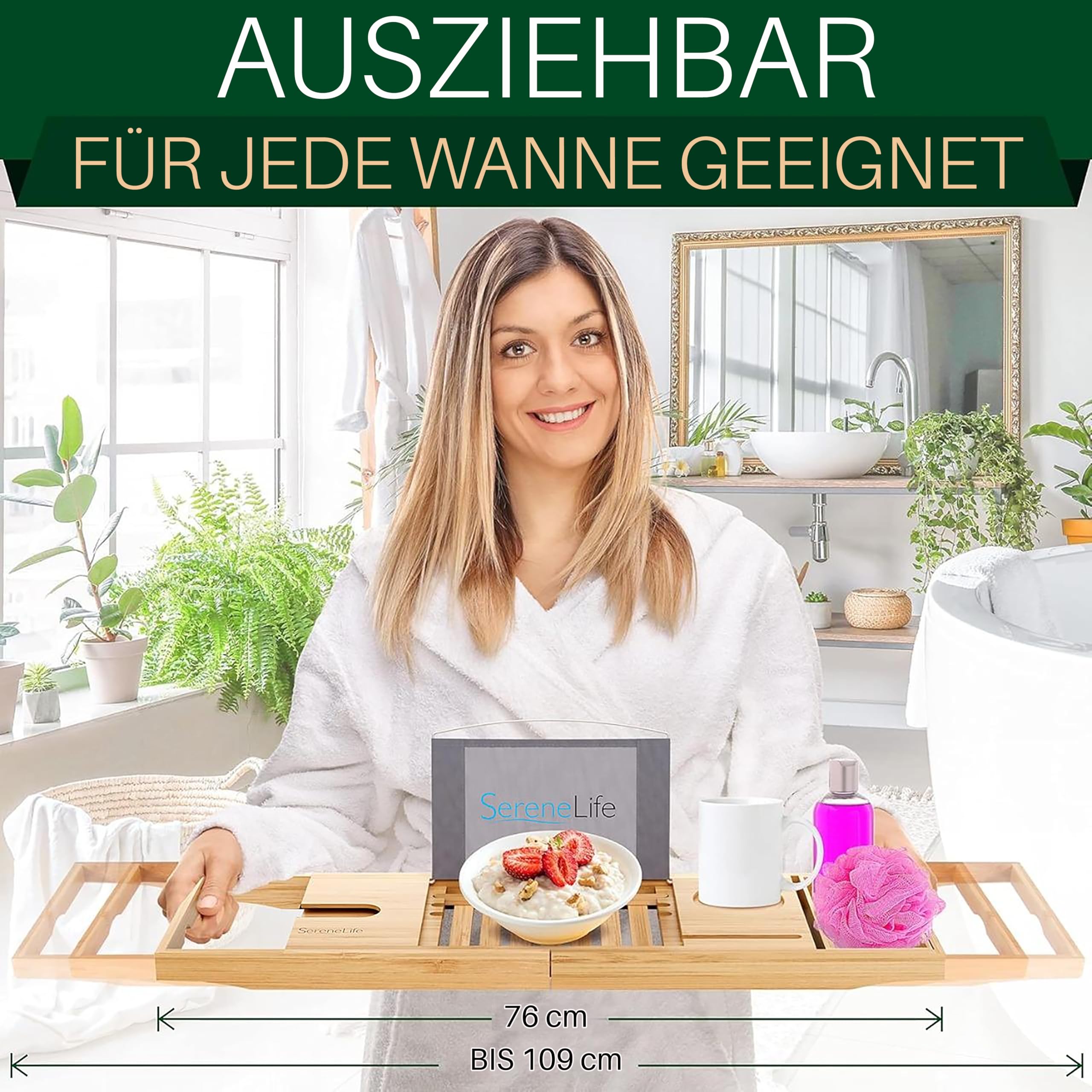 SereneLife Badewannenablage Bambus Natur, ausziehbar mit Weinglashalter | Badewannenbrett Holz, 70–104 cm verstellbar, Tablethalter, Seifenablage, schimmelresistent, Geschenkbox