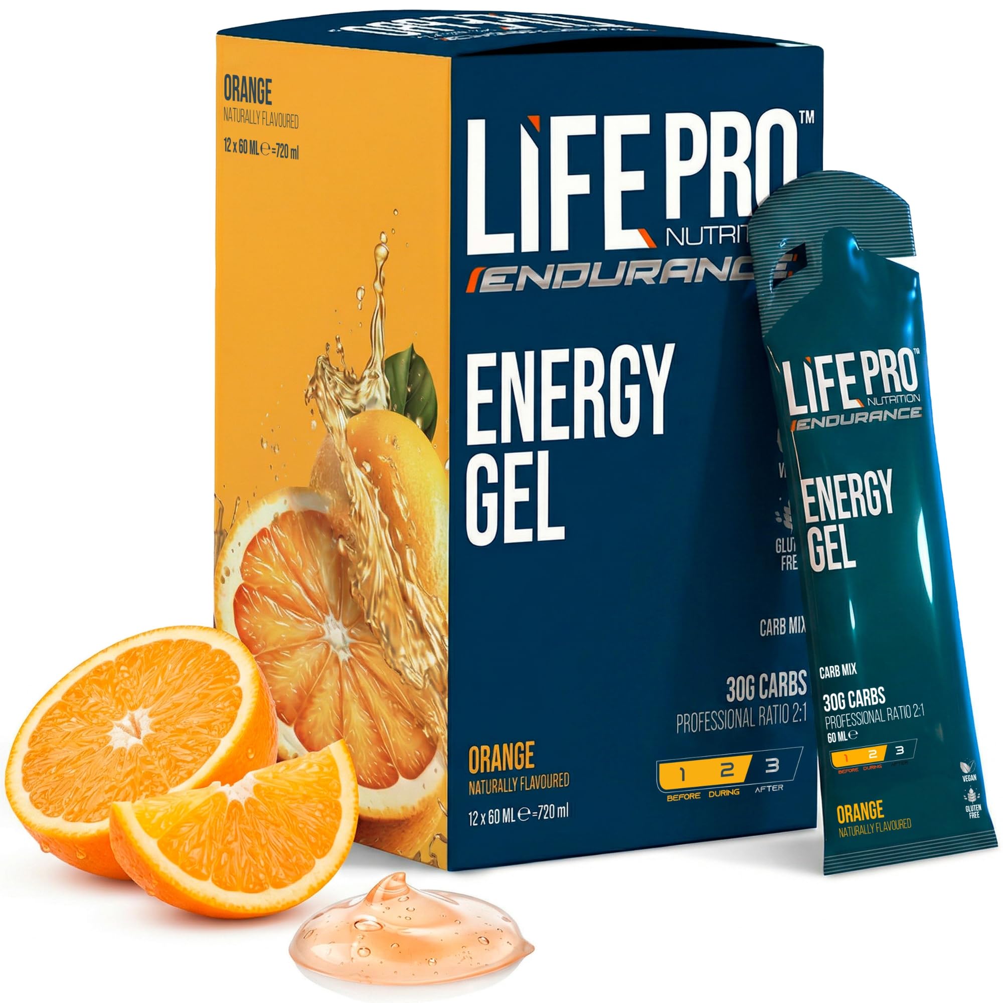 Life Pro Endurance Energy Gel 12X60Ml - Potente Fuente de Carbohidratos y Electrolitos para Rendimiento Superior en Deportes de Resistencia, Ideal para Ciclistas y Corredores (Sin cafeína, Naranja)