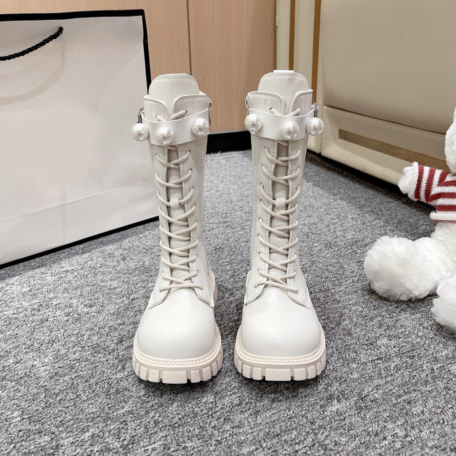 Generico Stivali Bambina con Tacco,Stivali Invernali alla Moda per Ragazze Scarpe Alte alla Caviglia con Fibbia in Perle per Bambini Piccoli Abbigliamento Casual Elegante
