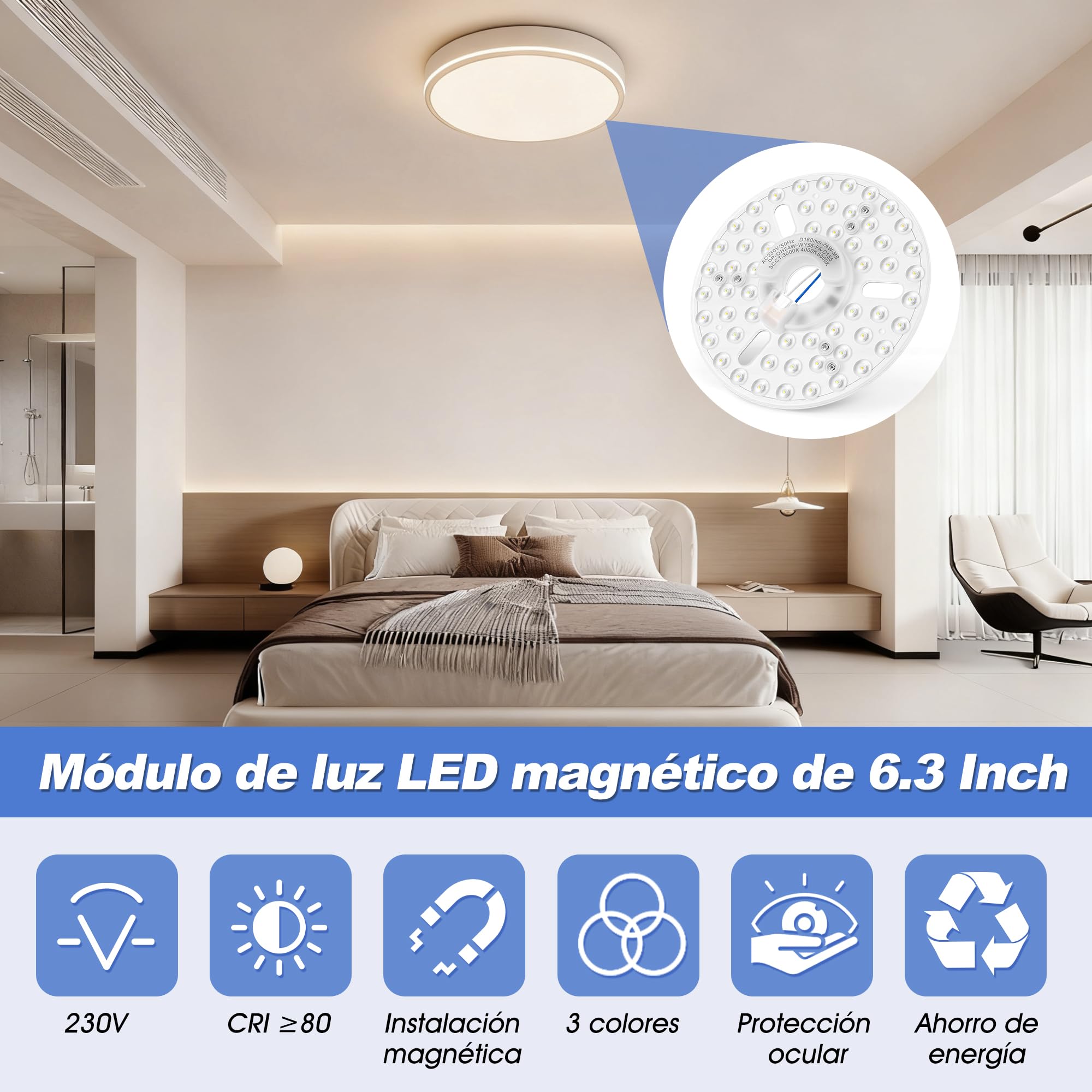 Kit de Luz del Ventilador de Techo LED de 6.3 Pulgadas Magnética de 24W Dimmable 3CCT 3000K 4000K 6000K Techo Ventilador Panel de Reemplazo de Luz (230V)