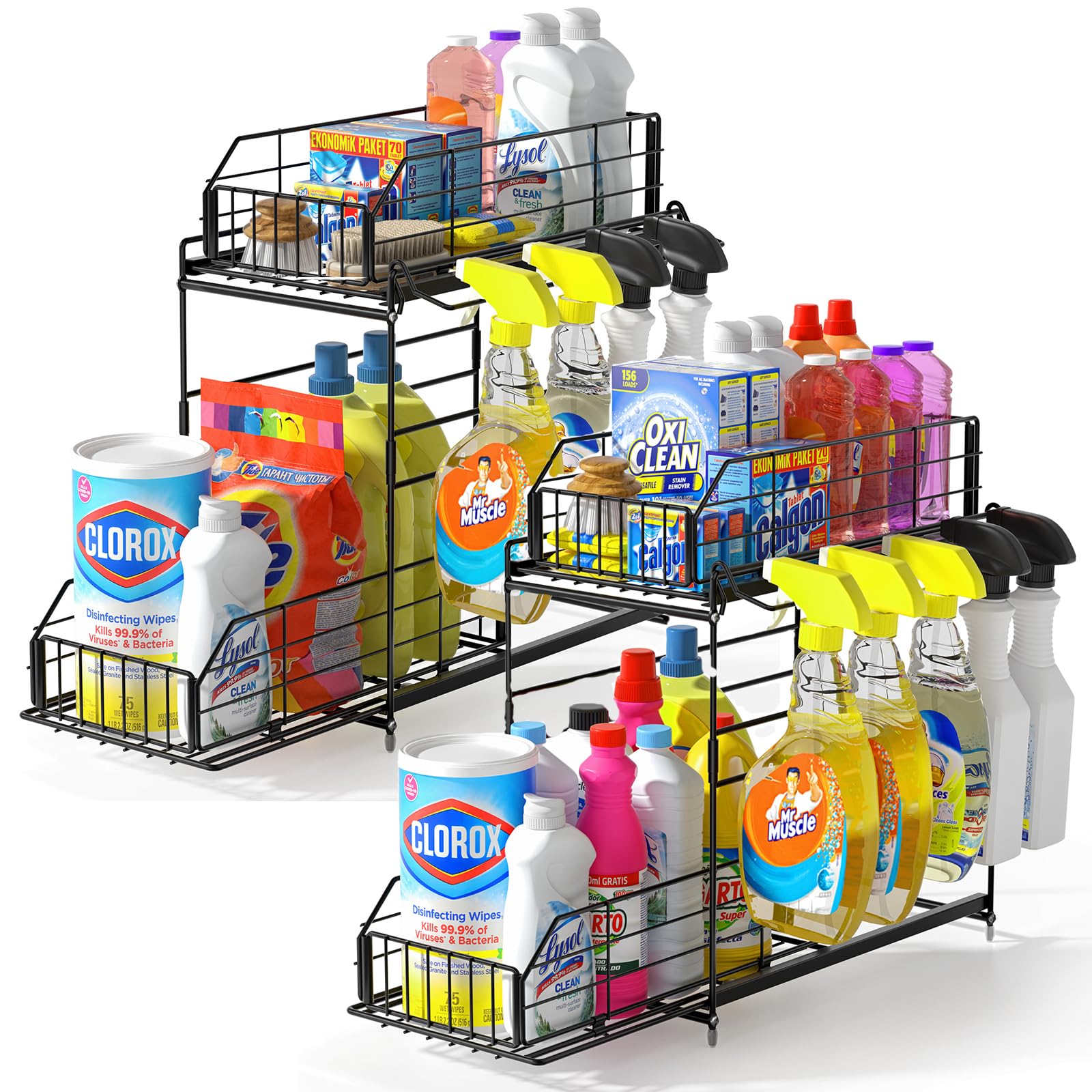 SUEH DESIGN Under Sink Organizers and Storage, 2 Tier Pull Out Cabinet Organizer Sliding Under Sink Storage Shelf with Hanging Rail for Kitchen Bathroom Cabinet Storage, 2 Pack