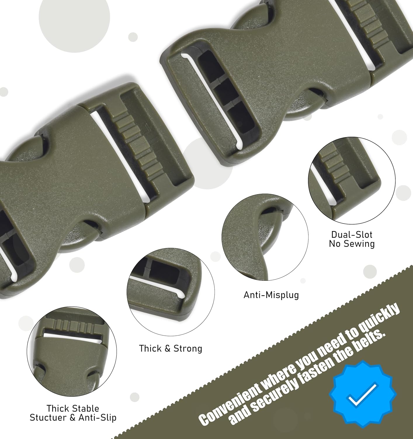 4 Pcs Army Green Buckles for Straps 1 inch Plastic Belt Buckle 25mm Dual Adjustable No Sewing Quick Side Release Plastic Buckle Clips for Backpack Outdoor Paracord Bracelets Pet Collar Craft - Image 3