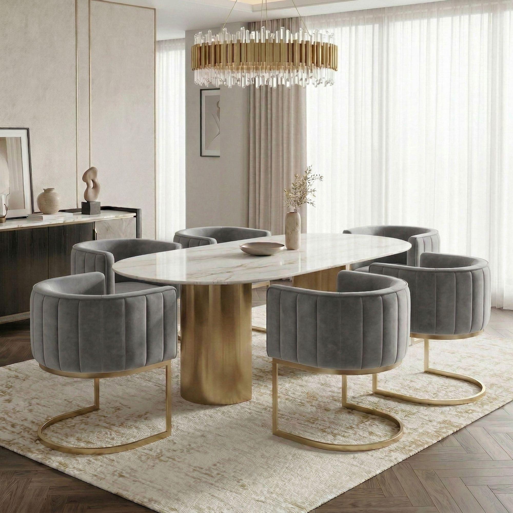 Hyfirm Grey and Gold Modern Barrel Dining Chairs Set of 6, Cantilever Frame
