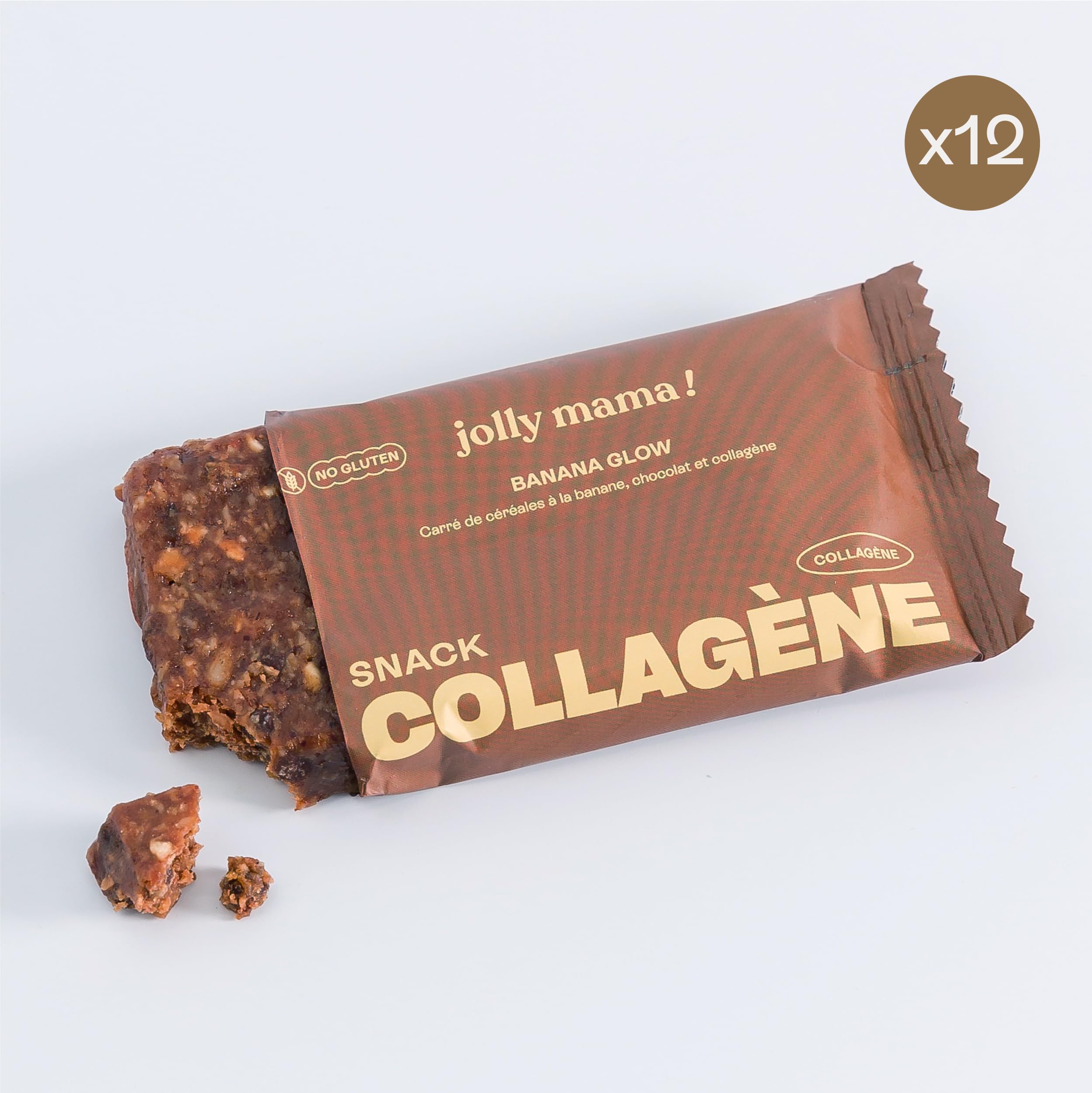 Jolly mama! Lot de 12 Barres Protéinées Collagène Banana Glow | Céréales, Banane, Pépites de Chocolat | Boost Cheveux & Peau | Sans Gluten | Compatible Grossesse et Allaitement