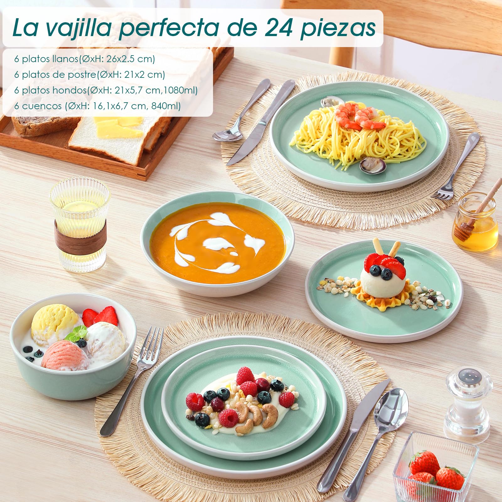 vancasso ELBA Vajillas Completas 6 Personas, Vajillas Completas 24 Piezas Platos de Gres, Juego de Platos Para 6 Personas - 6 Platos Llanos, 6 Platos de Postre, 6 Cuencos Para Pasta y 6 Cuencos, Verde