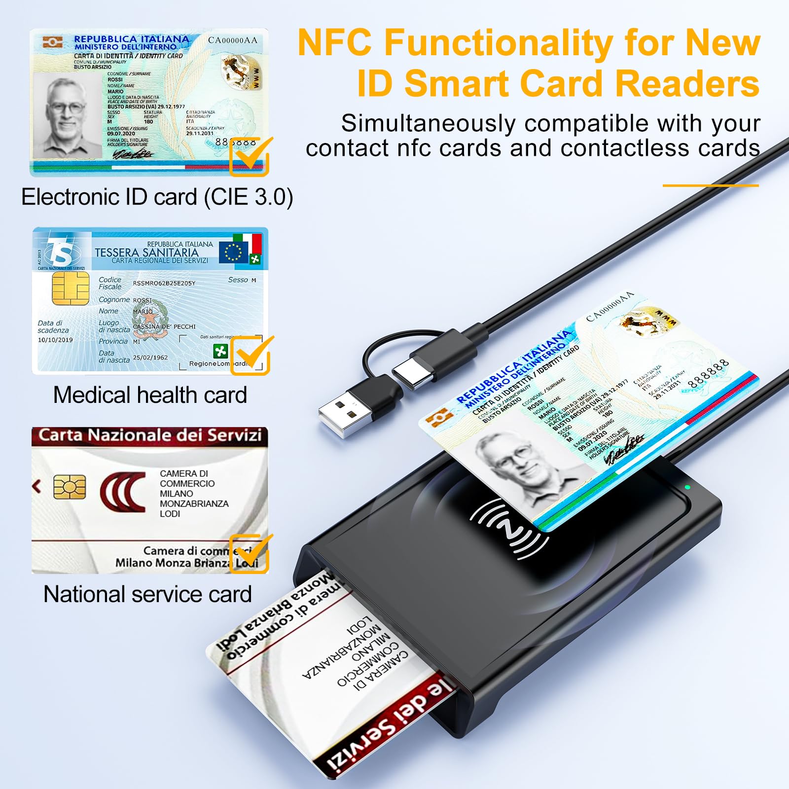 USB-A+USB-C Lettore CIE 3.0 Carta d'identità Elettronica e Tessera Sanitaria Italiana,Lettore Smart Card CNS Firma Digitale Lettore NFC Smart contatto e contactless CIE/CRS/CNS per Windows 10 11 Linux