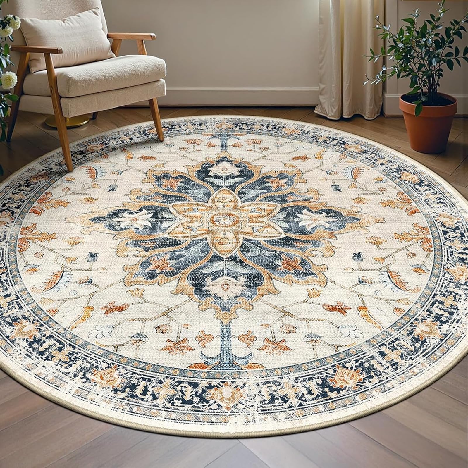 Tapis rond shabby chic décor bleu Ø 160 cm pour sublimer votre décoration de salon