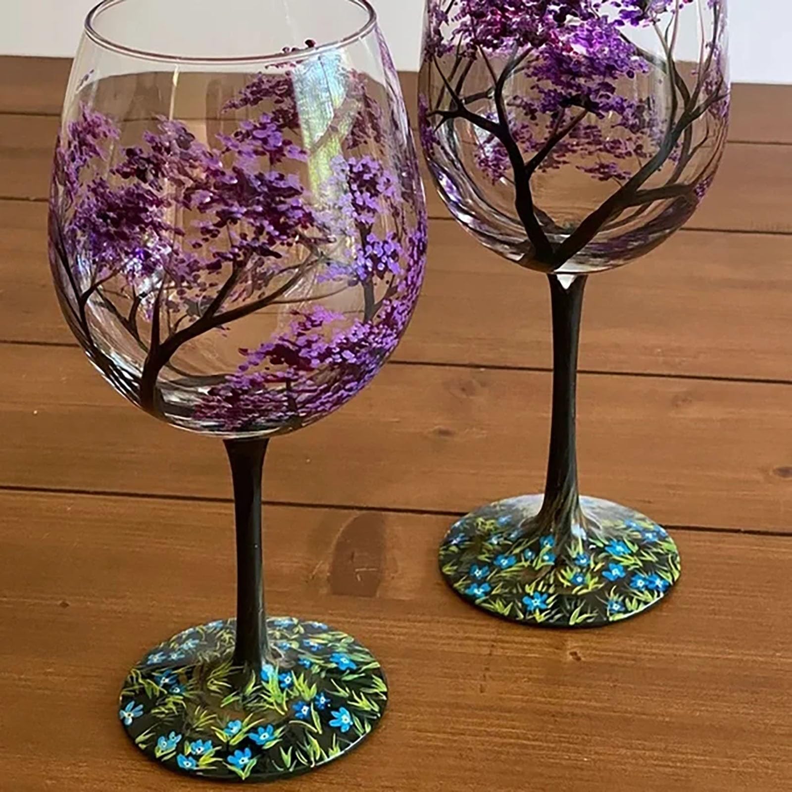 Verre à Vin Peint à La Main Motif 'Arbre Quatre Saisons' - Verrerie Artistique, 450 Ml, Verre Sans Plomb