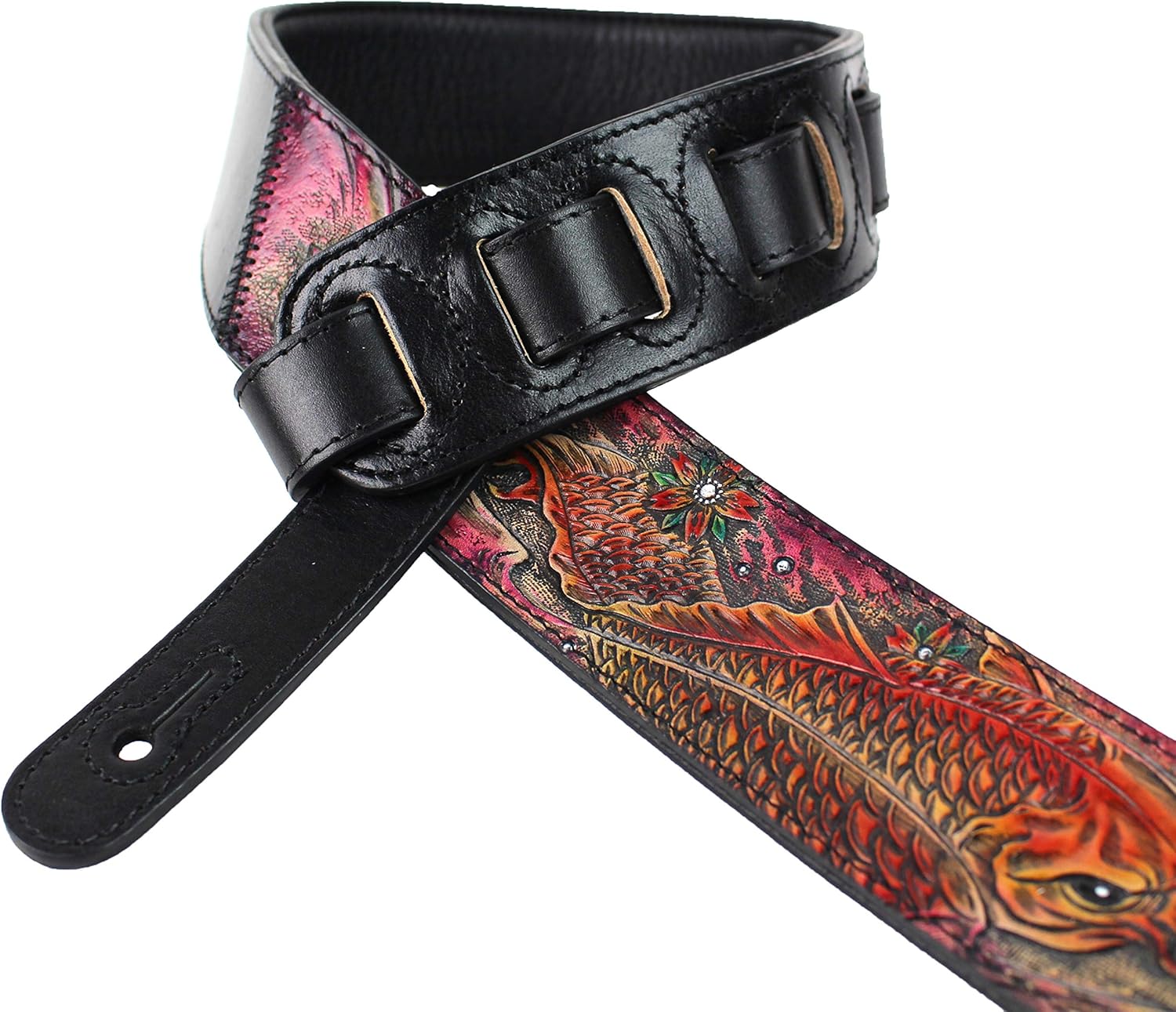 Walker And Williams KB-21 Black & Magenta Carved Grain Leather Strap W/Fire Koi Design
