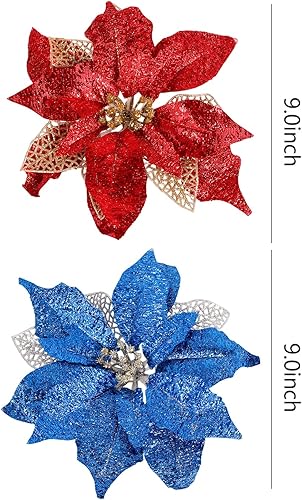 Miniatura 3 de Adornos para árbol de Navidad de flor de pascua azul real con purpurina grande de 9 pulgadas, decoración de flores artificiales para boda, paquete