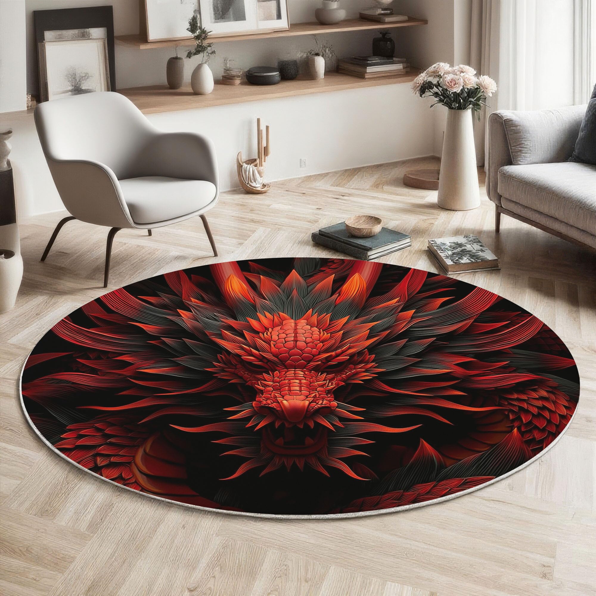 Tapis rond dragon rouge 200cm effet sculpture tridimensionnelle haut de gamme pour grand salon
