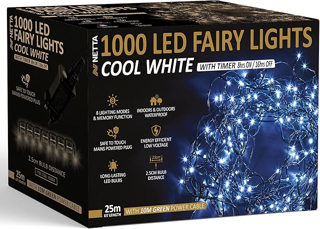 Christmas Tree Lights 1000 LED 25m Cool White - 2.5cm Bulb Distance Fairy String Lights Plug in with Timer and Memory Functions - Suitable for Outdoor/Indoor Use