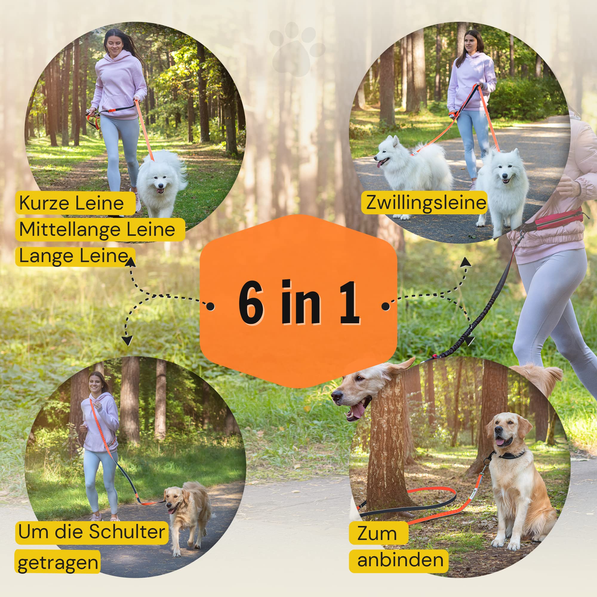 Hundefreund 6-in-1 Multifunktionsleine - Verstellbare Hundeleine 3m für mittlere und große Hunde mit 3 Ringen - Reflektierende Umhängeleine, Führleine und Schulterleine zum Umhängen in einem