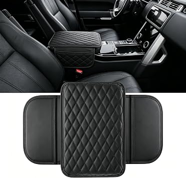 Car Arm Rest Cover, Leather Center Console Elbow Support Cushion with Side Storage Pocket, Anti-scratch Soft Protective Cover, Interior Accessory for Most Cars Trucks SUVs Black