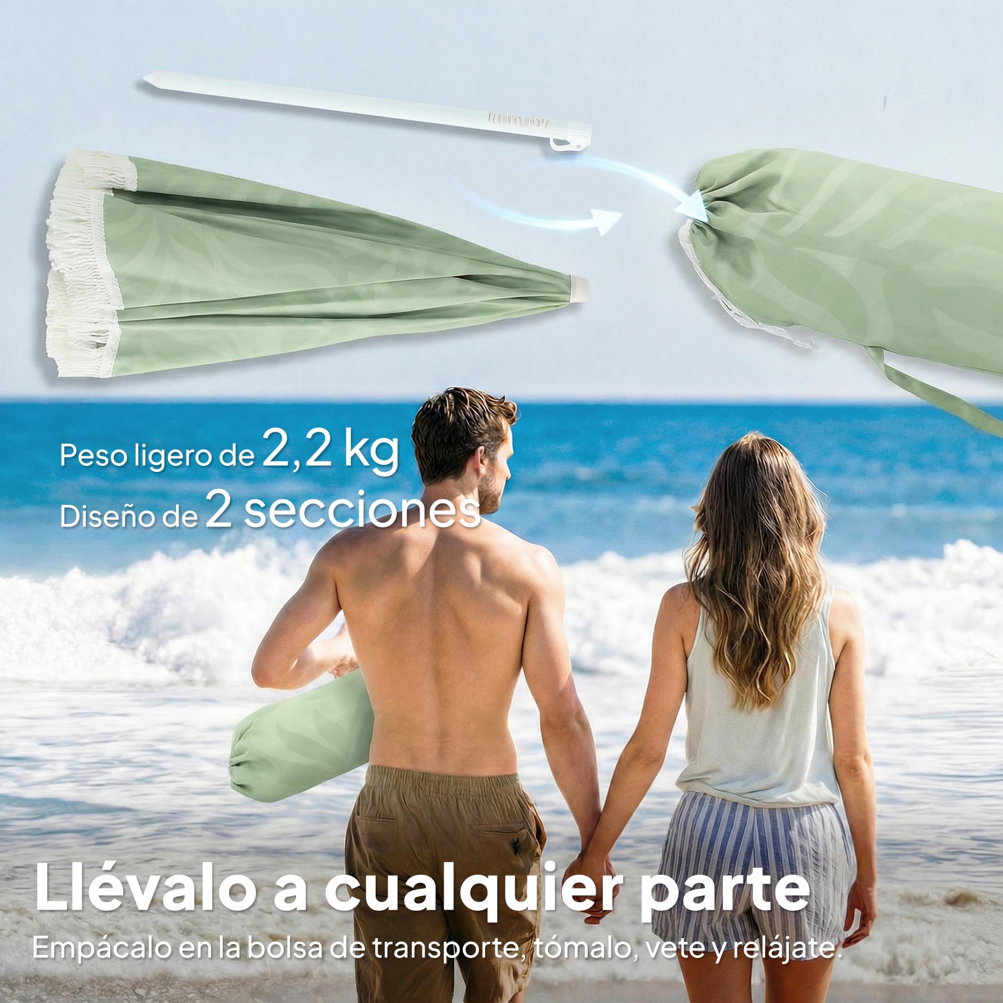 Outsunny Sombrilla de Playa con Flecos Ø180 cm con Inclinación Verde | Sombrilla de Terraza Exterior, Altura Ajustable, Anclaje Arena, Bolsa de Transporte, UPF30+, Estampado de Hojas