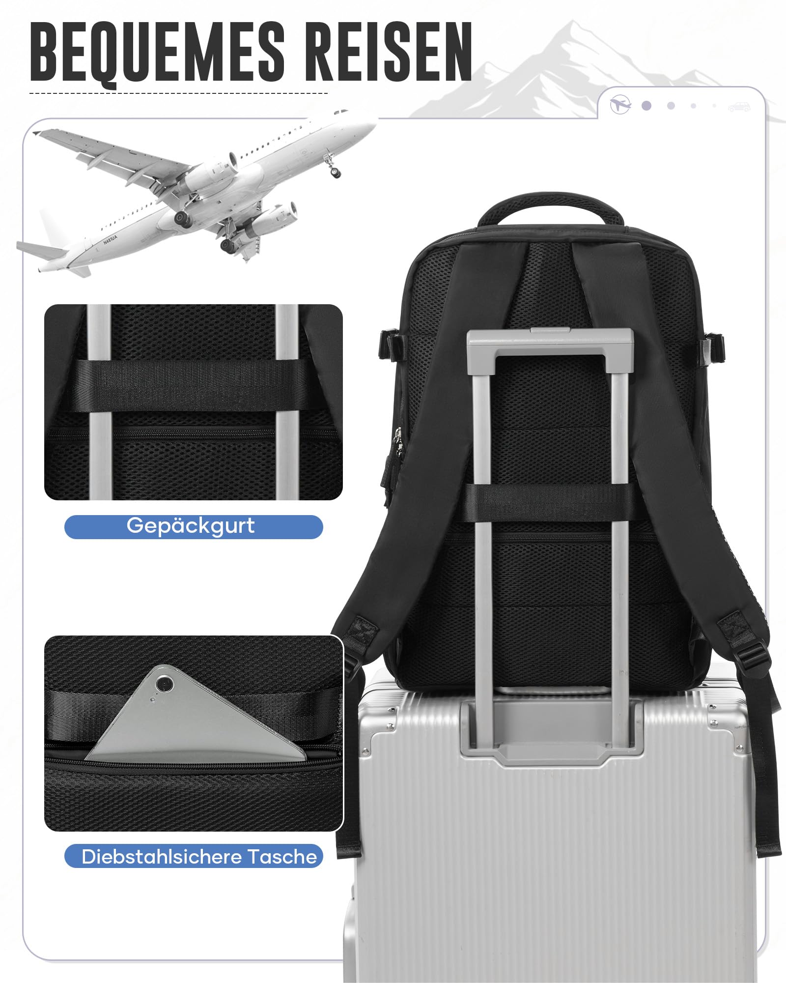 Vakuum Rucksack Handgepäck Flugzeug mit Schuhfach, Ryanair Reiserucksack Handgepäck mit Vakuumsystem, Rucksack Wasserdicht für Damen Herren Große(Schwarz)