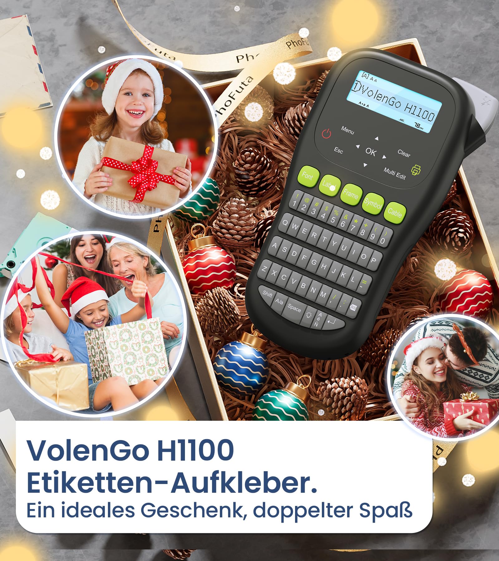 Beschriftungsgerät H1100 – Etikettiergerät & Etikettendrucker mit QWERT Tastatur, LCD-Hintergrundbeleuchtung und Selbstklebendem Label (12 mm). Portable Beschriftungsgerät Handgerät für Heim und Büro