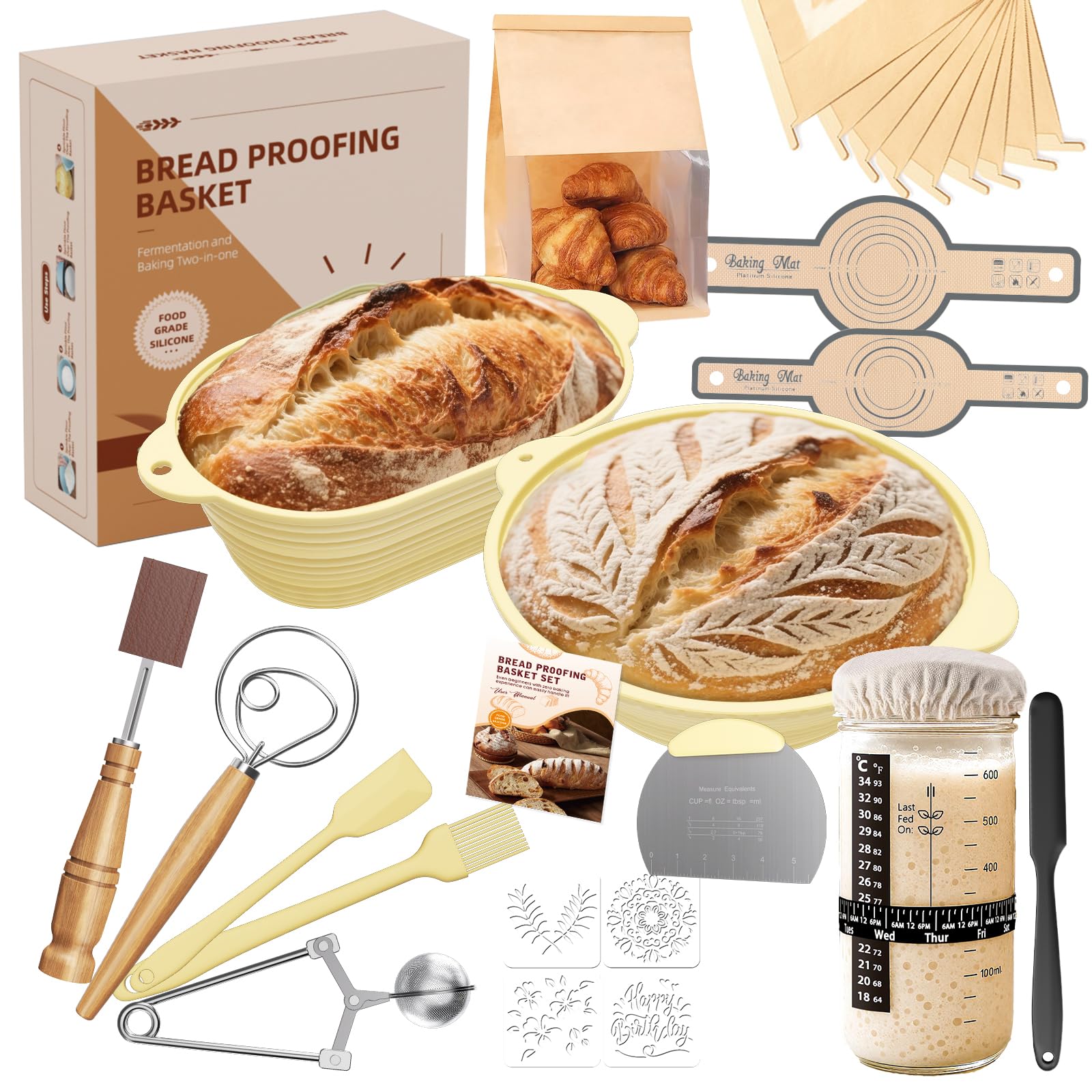MQFORU 30Pcs Sourdough Starter Kit, Silicone Bread Proofing Basket, Beige
