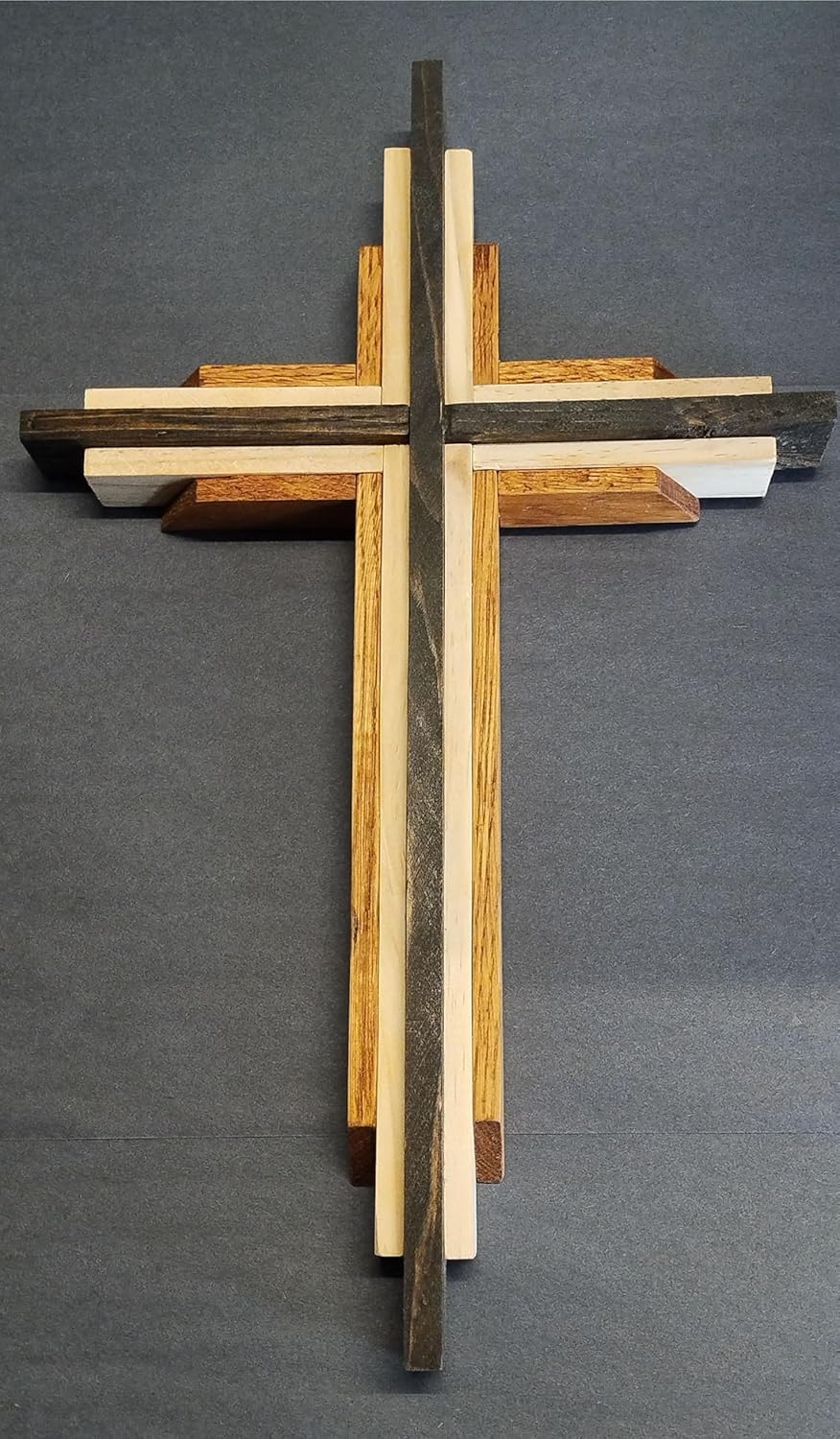Rustic Wooden Wall Cross, Modern Layered Design, Multi color Walnut, Maple, and Oak Natural Wood, Wall Mounted Religious Decor