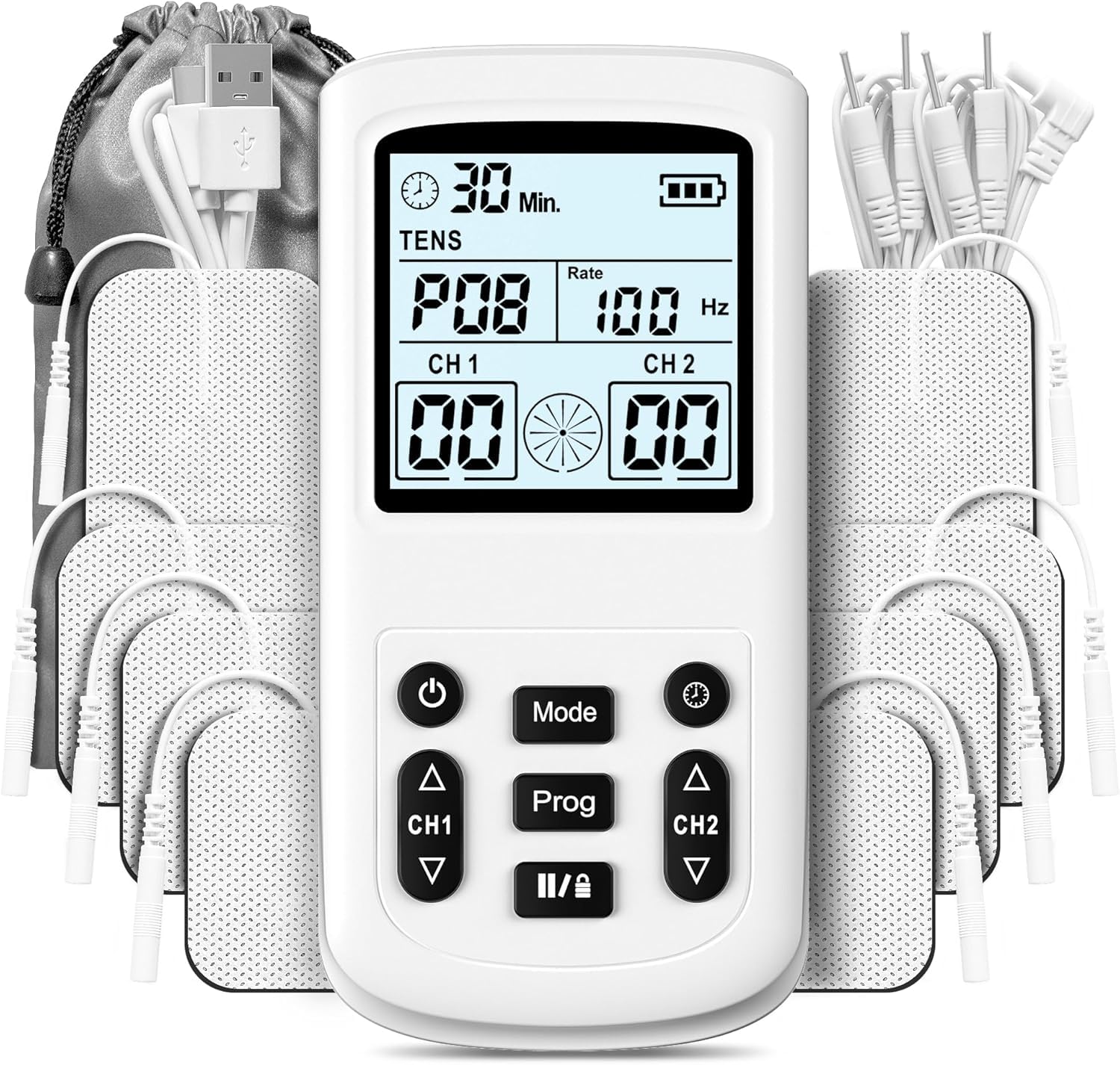 TENS Unit Muscle Stimulator, 3-in-1 28 Modes TENS EMS Massage Machine, Dual Channel with 8 Electrodes and Storage Bag, Portable Pain Relief Machine for Back, Neck, and Muscle Recovery
