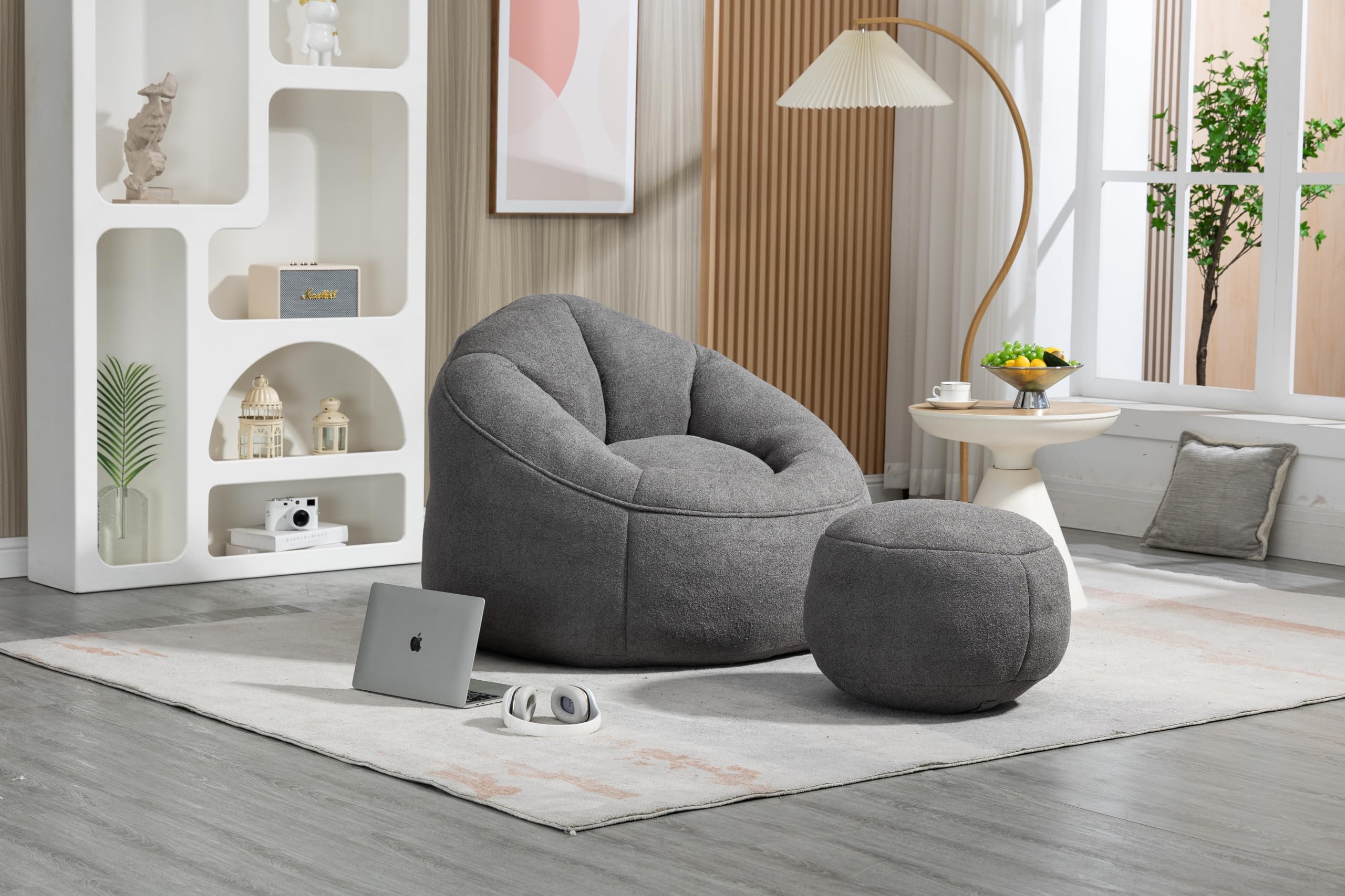 Generic Bedding Bean Bag Sofa Chair High Pressure Foam Bean Bag Chair Adult Material with Padded Foam Padding Compressed Bean Bag with Footrest, Grey