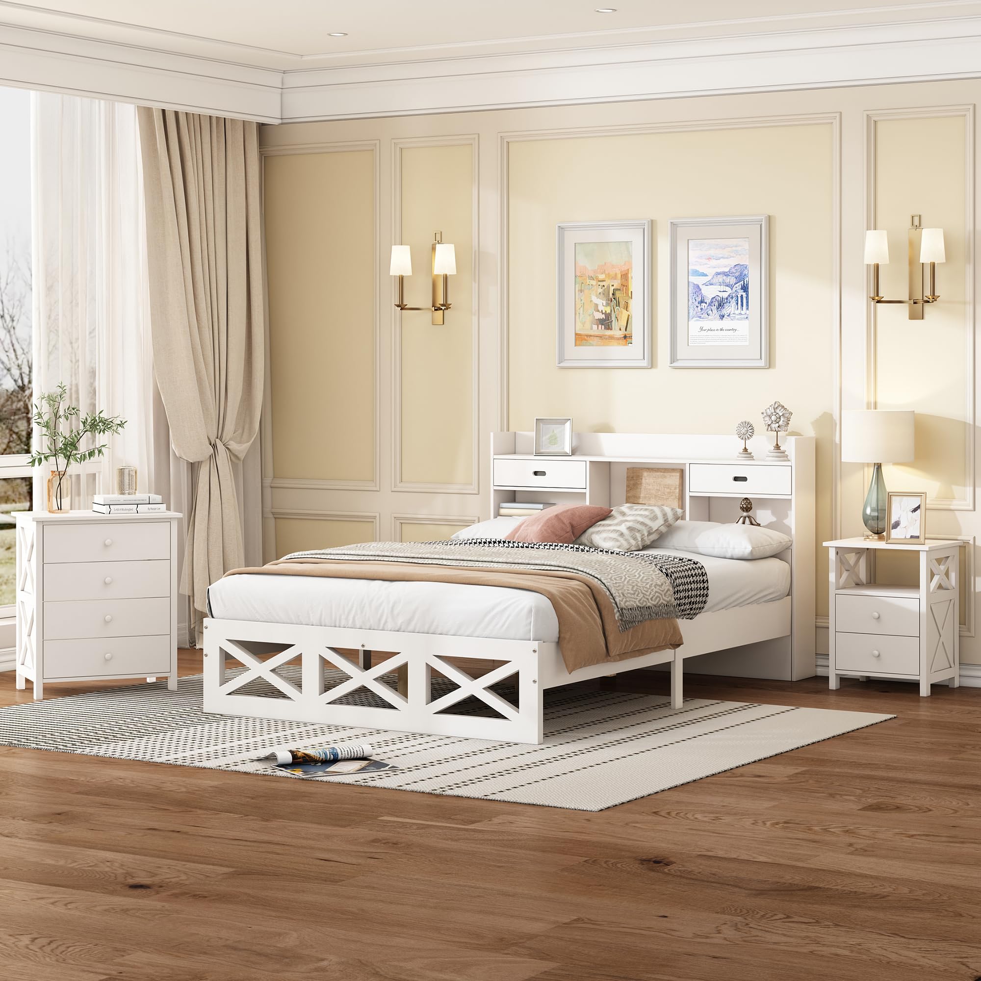 Set completo per camera da letto, letto in legno+comodino+cassettiera, 140 x 200 cm, letto matrimoniale con funzione di conservazione, comodino con 2 cassetti e uno scomparto, MDF, bianco (letto in