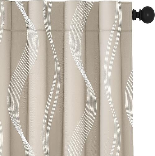 Deconovo - Cortinas blackout con estampado de ondas plateadas, trabillas traseras y bolsillo para cortinero, para oscurecimiento de habitación y