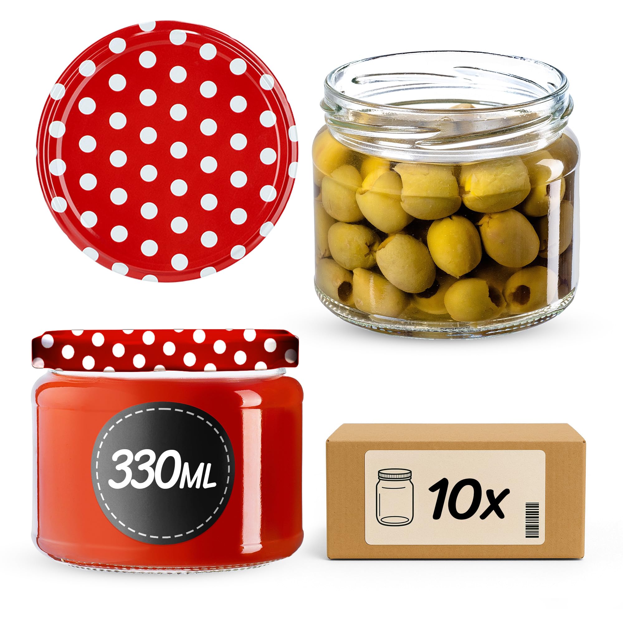 KADAX Set di 10 barattoli per marmellata da 330 ml, TO82, con coperchio a vite, ermetici, per miele e marmellate