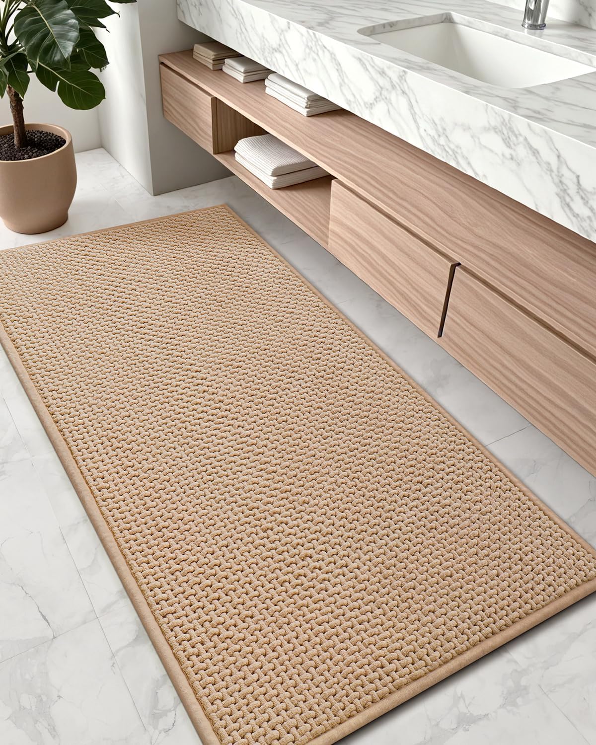 Color&Geometry Chenille Pile Long Bathroom Runner Rugs Upgraded Denser, 24"x47" Non Slip Absorbent Khaki Bath Mats for Bathroom Thin Fit Under Door, Washable Quick Dry 2' x 4' (Rectangular) Khaki