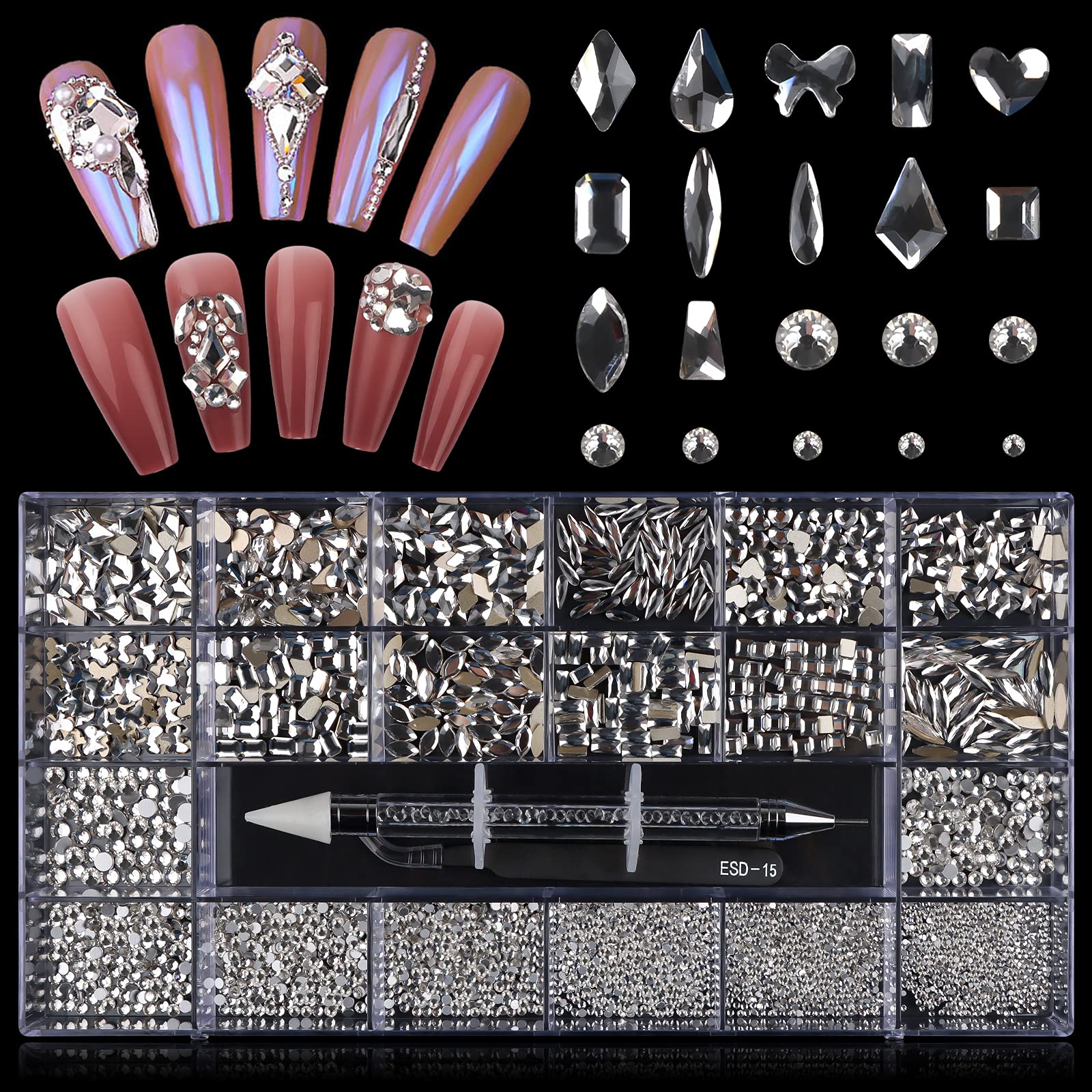3100Pcs Flat Back Nail Art Rhinestones, EBANKU AB Mixed Shape Nail Rhinestones Gems Crystal Kit with Picker Dotting Pen Tweezers for Nail Art Decoration Supplies