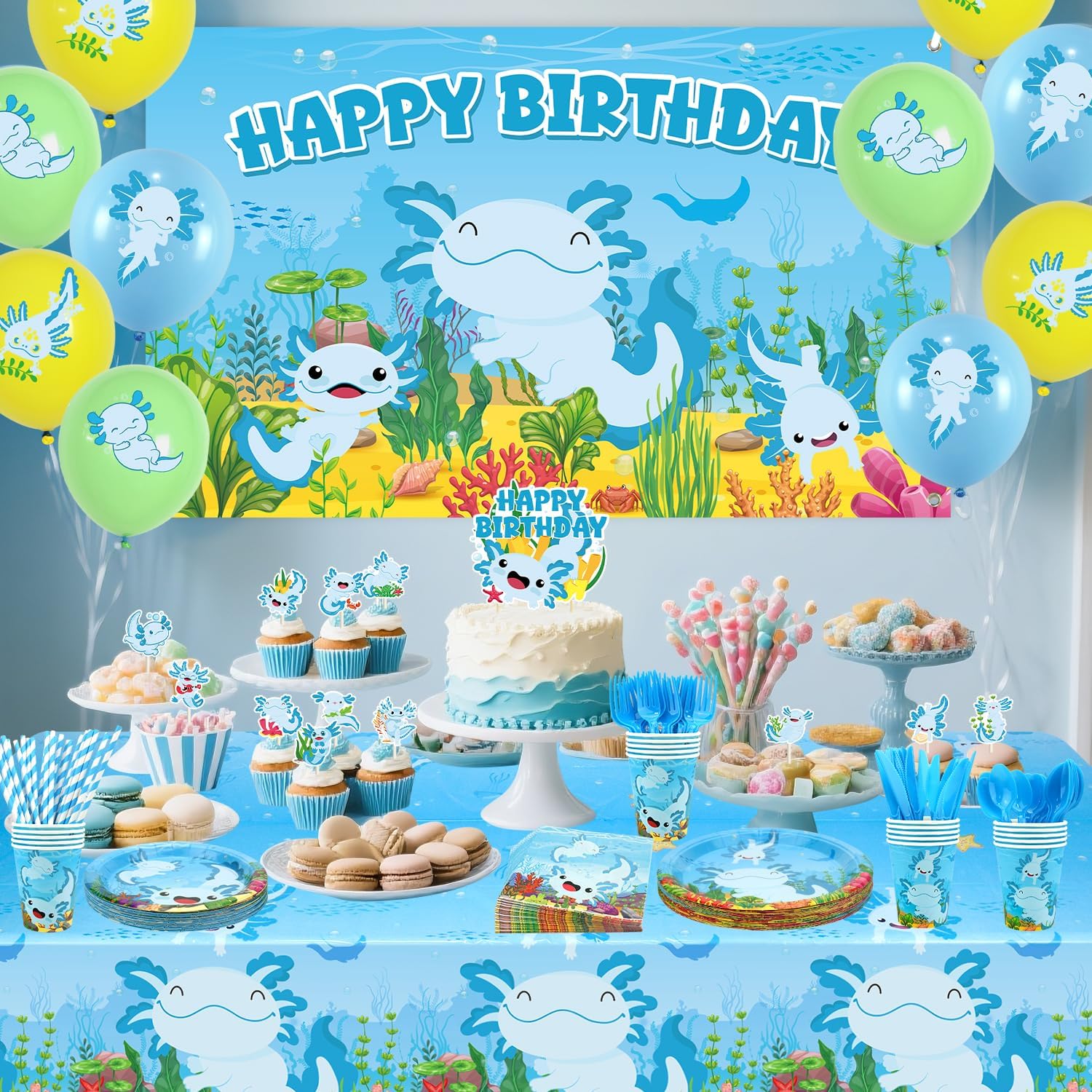 KEFAN Blue Axolotl Birthday Party Decorations, Axolotl Theme Party Tableware Supplies including Backdrop, Plates, Cups, Napkins, Tablecloth, Balloons for Axolotl Birthday Party, Serves 20 - Image 6