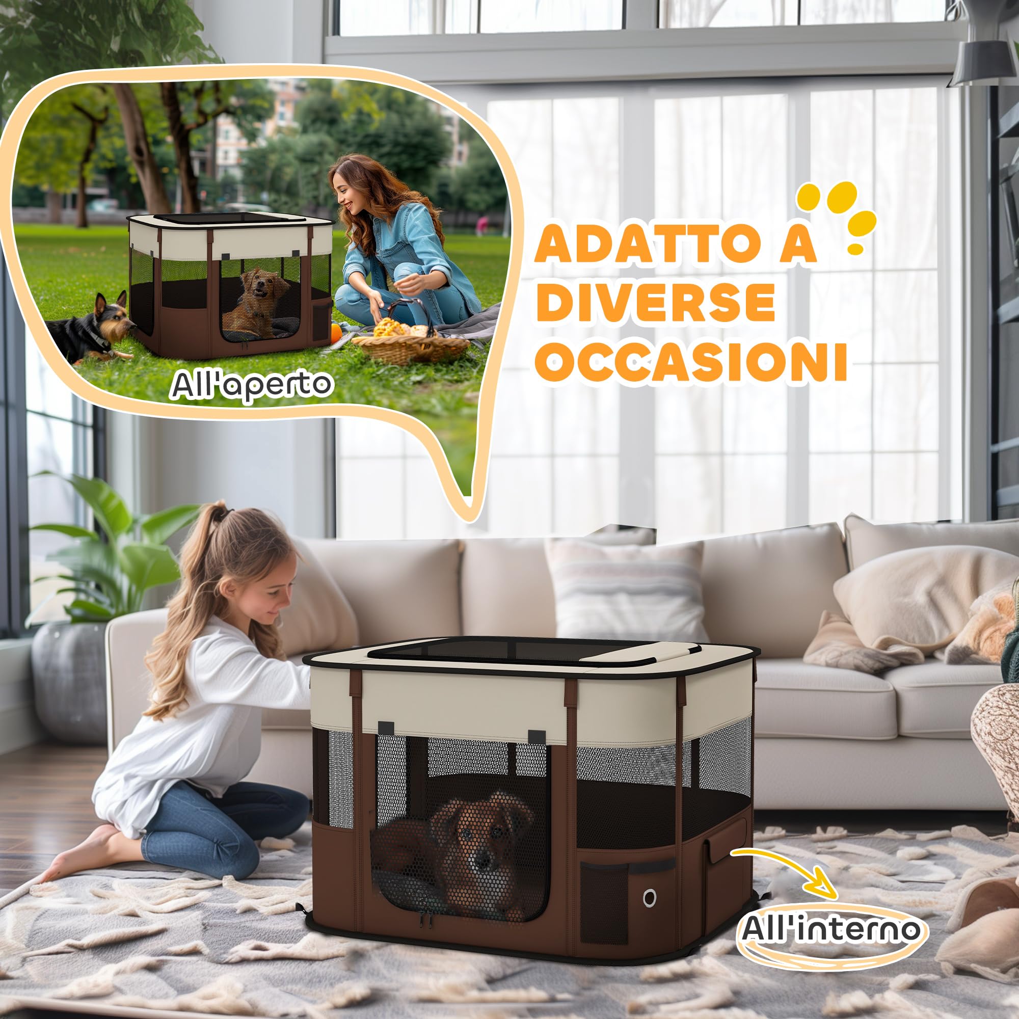 PawHut Box per Animali Domestici con 6 Finestre, 3 Porte e 2 Borse Portaoggetti, Recinto per Cani in Tessuto Oxford e Acciaio, 74x60x45 cm, Marrone