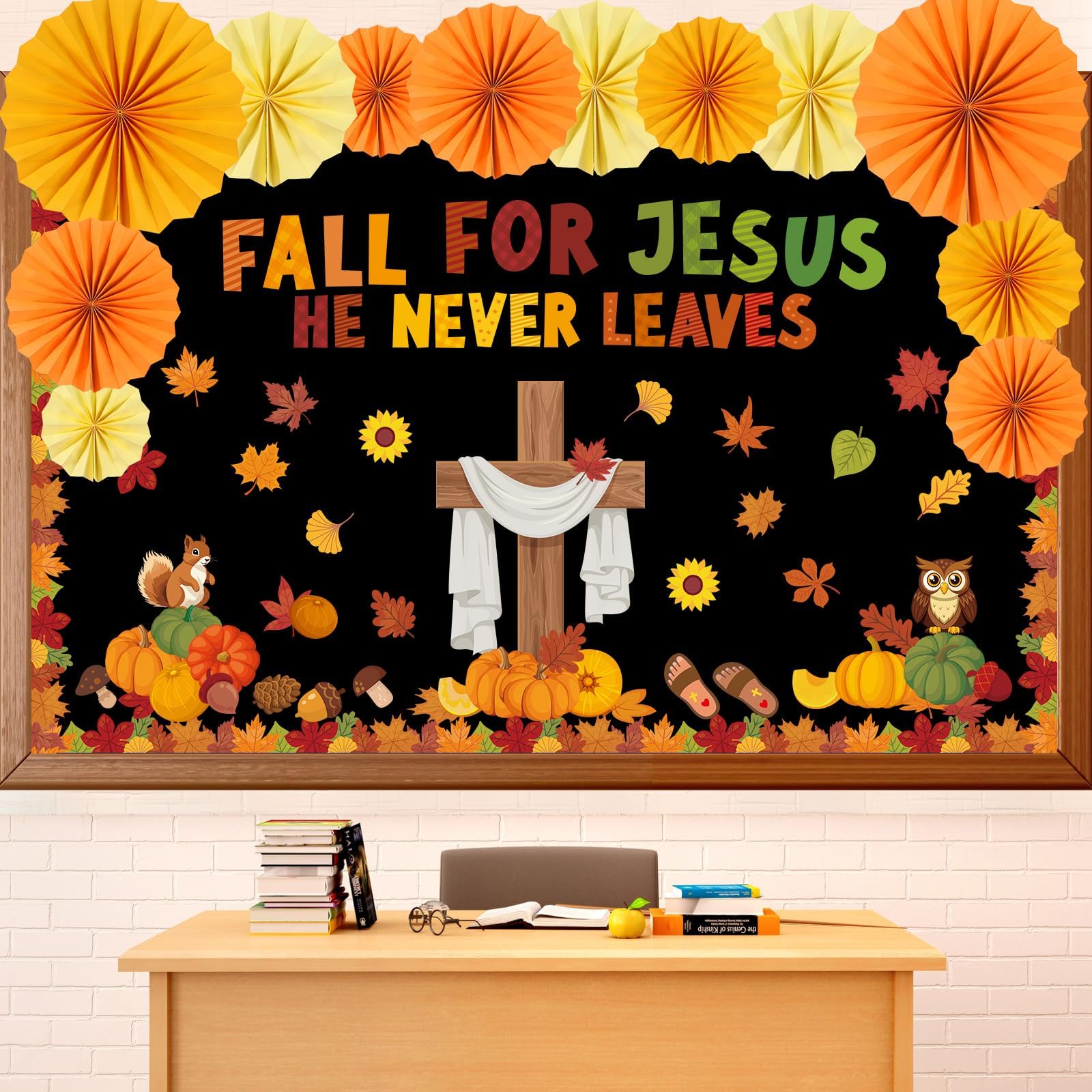 Fall Christian Bulletin Board Decorations Set Fall for Jesus He Never Leaves Paper Cutouts for Classroom Autumn Sunday School Church Cross Cutout for Religious School Office Wall Decor