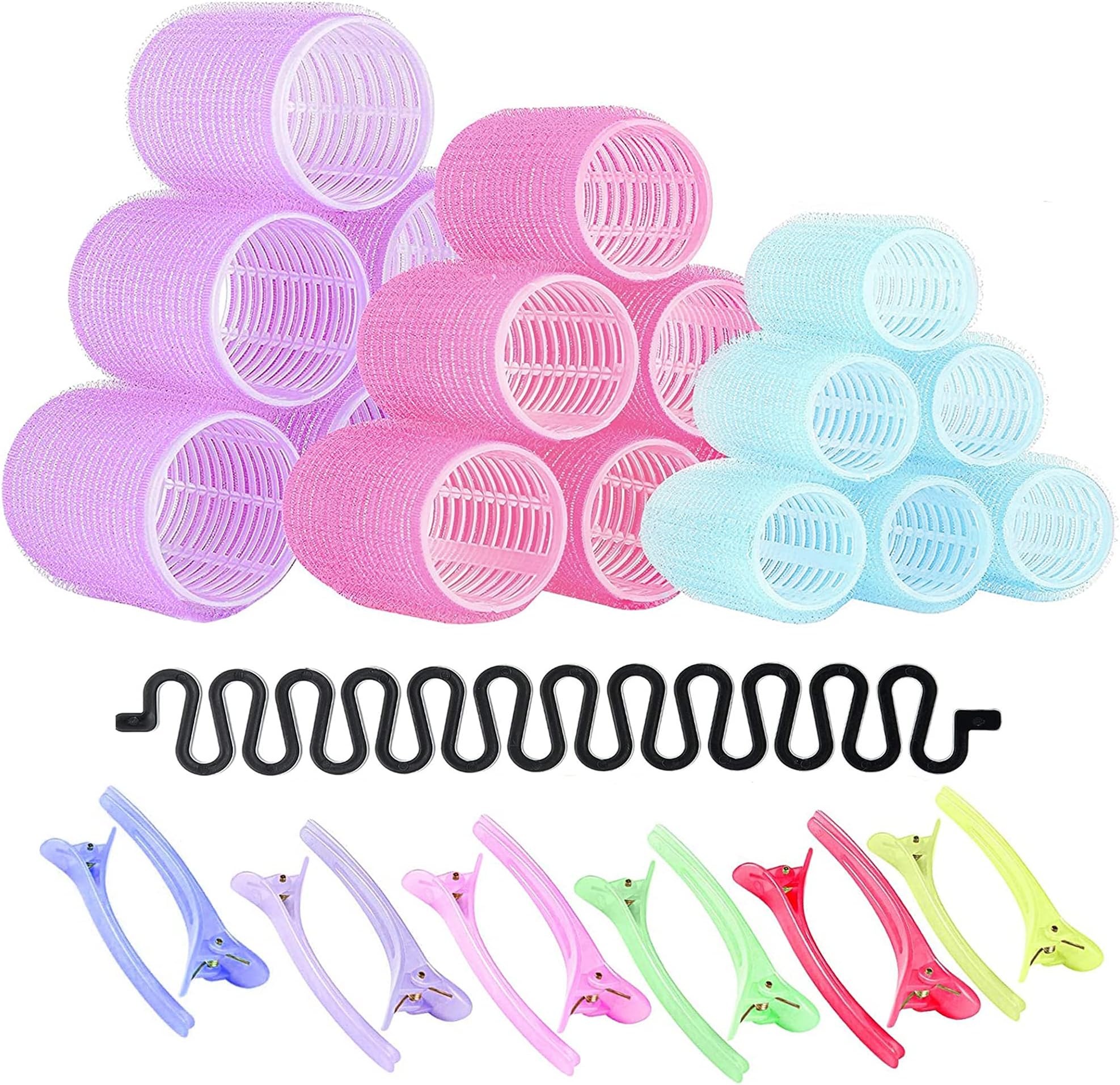 FREDY’s 31 Pieces Hair Rollers Set – 18 Self Grip Velcro Hair Curlers,12 Duckbill Sectioning Clips and 1 Centipede Shape Hair Clip for Barber Salon Hair Dressing (Rollers: 44mm, 30mm and 25mm)