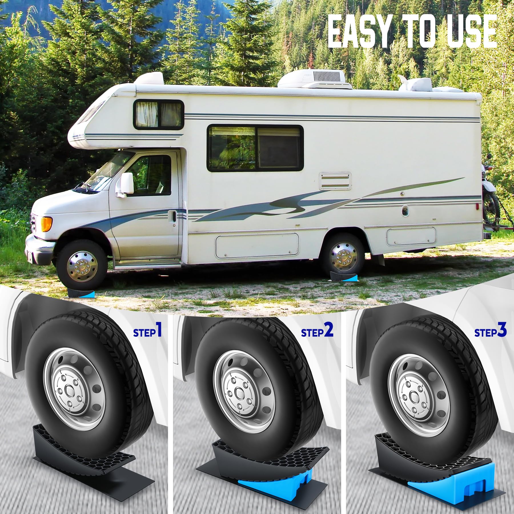Rampas Para Coches, Calzos Autocaravana, 2 Unidades Rampa Coche, Camper Furgoneta Accesorios, Estabilizadores Camper, Máximo 5 Toneladas, Cuñas Niveladores Para Cualquier Superficie (blue)