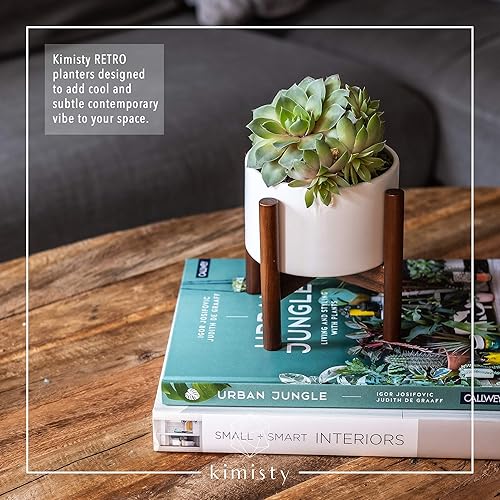 Miniatura 4 de kimisty Juego de 2 macetas modernas de 5 pulgadas para suculentas de mediados de siglo con soportes de madera, platillos ocultos, cerámica blanca,